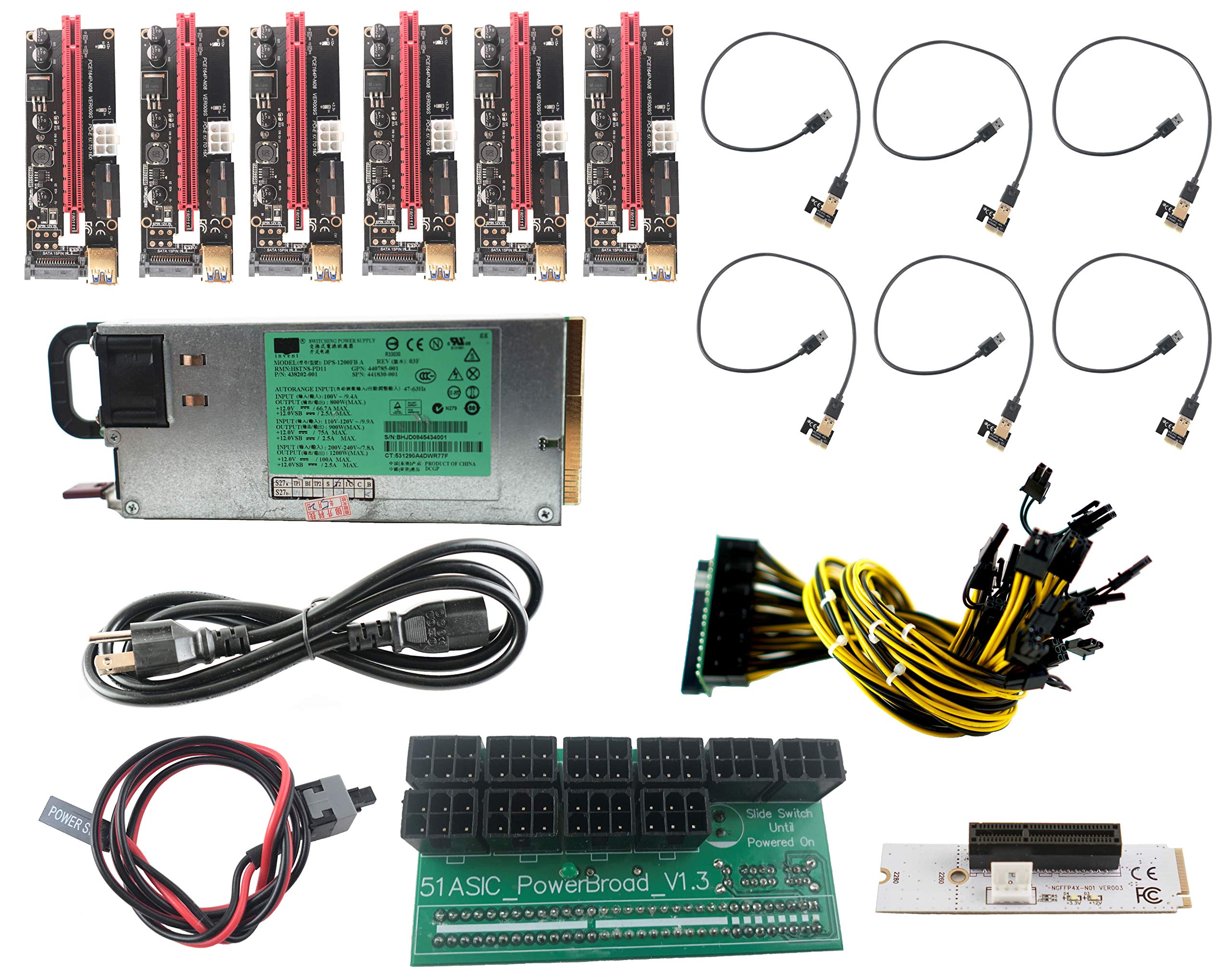 Amazon.com: Digie Gold Bitcoin Miner Kit: fuente de alimentación de 1200 W,  6 elevadores y cables, cable de 10 ct 6+2 pines, placa de ruptura de 10  puertos, tarjeta M.2, cable de