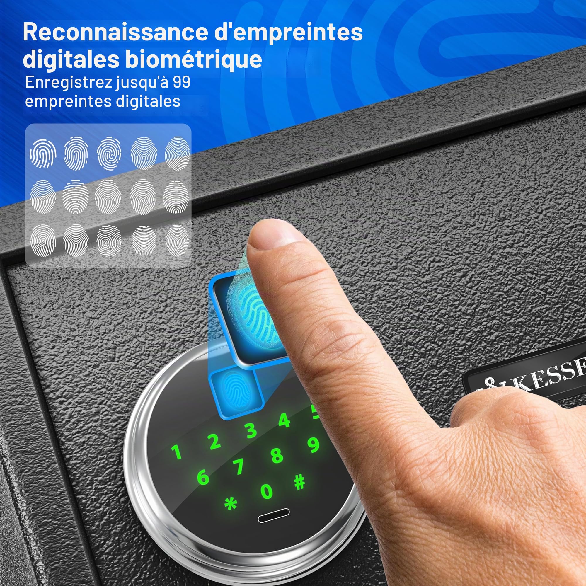 KESSER Coffre-fort électrique avec empreinte digitale et clé L | Avec batterie d'urgence | Coffre-fort électronique | 3 x Verrouillage à double boulon | Coffre-fort mural au sol | Coffre-fort pour
