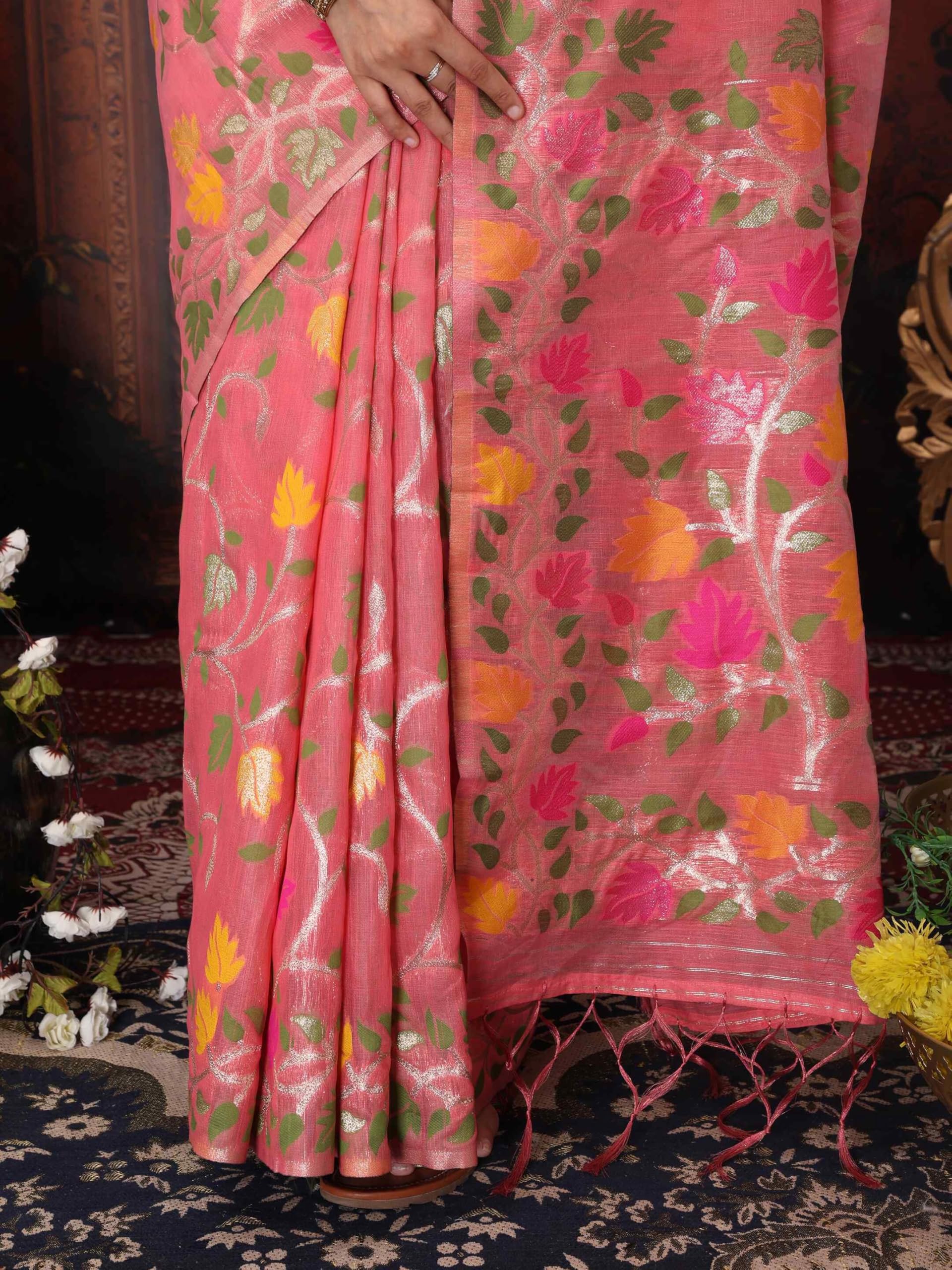 Shiv Textiles Women's Linen Cotton Woven Floral Printed Saree(AUS-ASGUL2004-TOMATO) 4