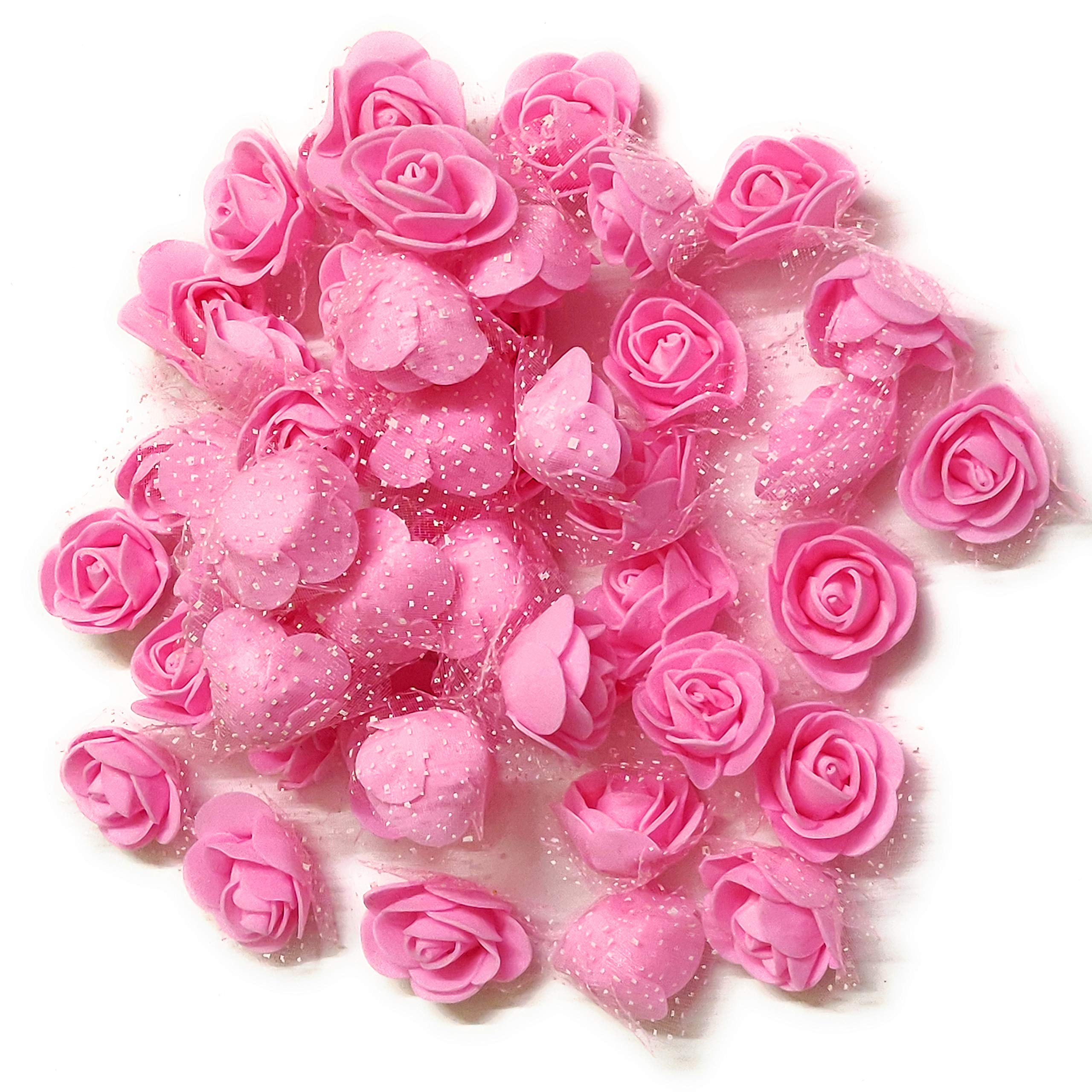 3cm Candy Pink Foam Artificial Roses (50 Pcs) � Small Rose Flower Heads for Tiara Making, DIY Crafts, Scrapbooking, Pooja Thali, Wedding & Home Decoration