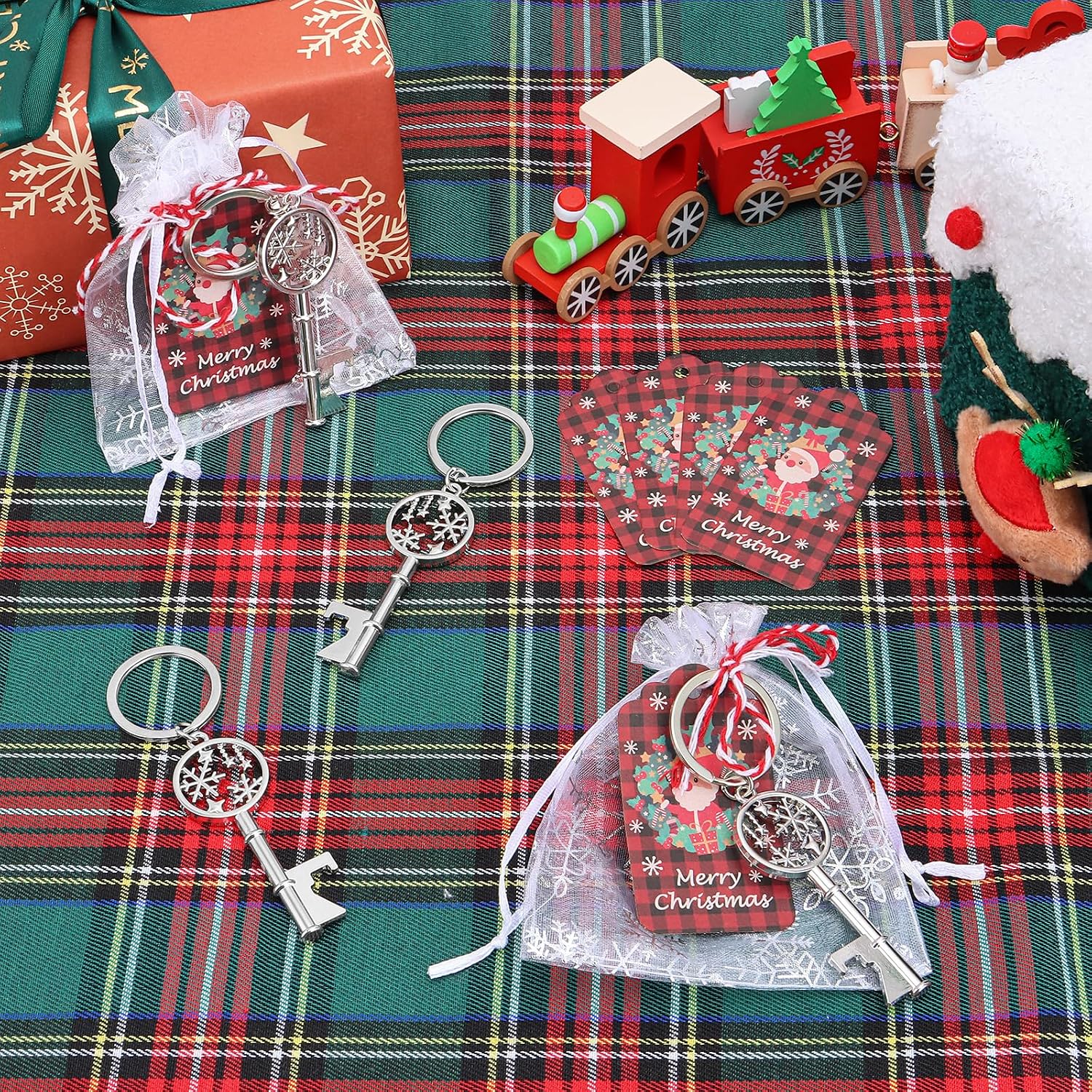 50Pcs Christmas Snowflake Key Beer Bottle Opener Bulk Silver Snowflake Keychain Ornaments with Cards and Ropes Xmas Tree Decorations Party Favors for Guests Theme Festive Supplies Coworker Gifts image 3