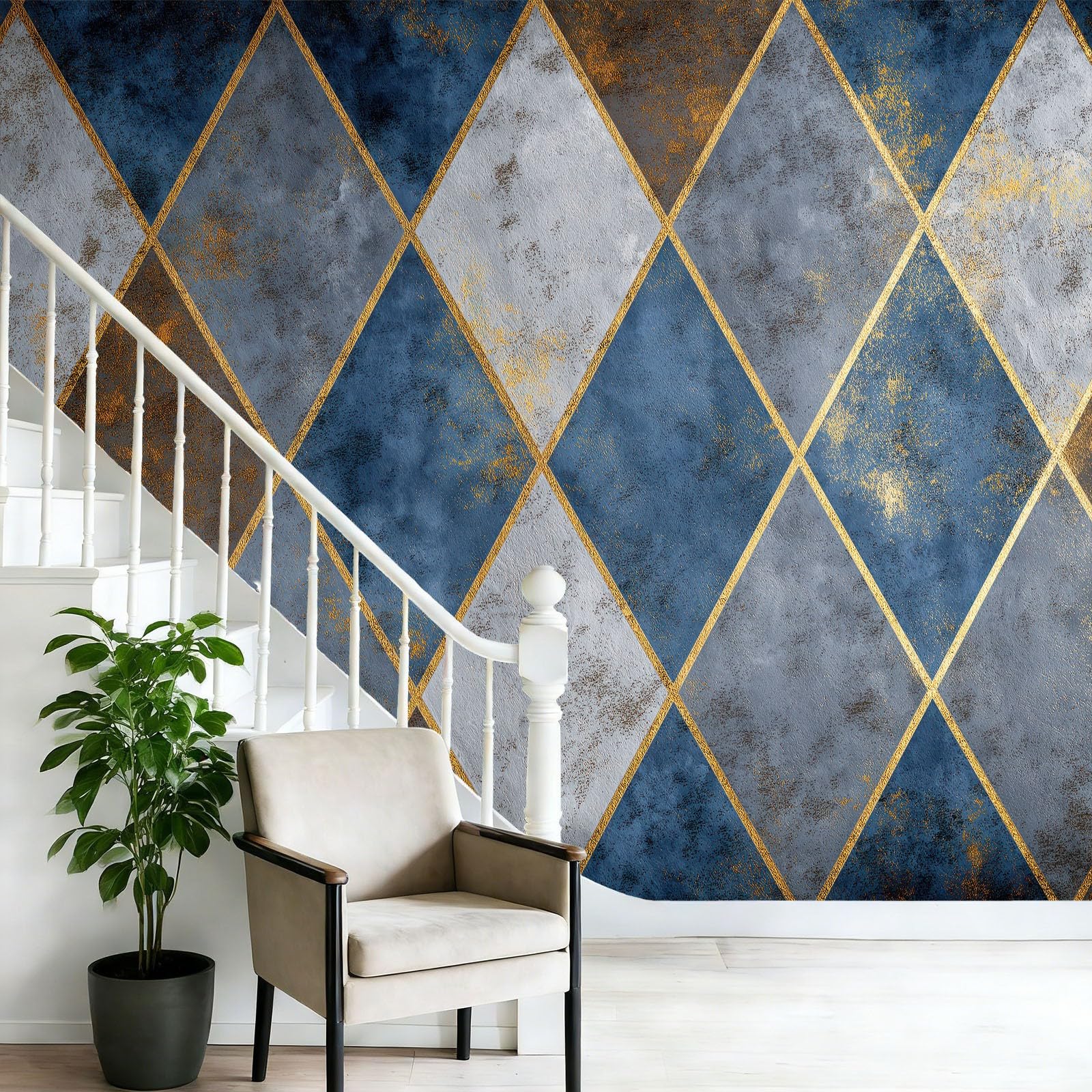 Tapeta 3D z włókniny geometryczna romb patchwork 400 x 280 cm tapeta dekoracja ścienna do salonu sypialnia niebieska