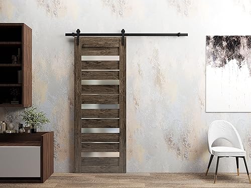 Miniatura 2 de Puerta de granero resistente de 42 x 96 pulgadas  Quadro 4445 roble coñac con vidrio esmerilado  Juego de perchas de riel de 8 pies  Puertas
