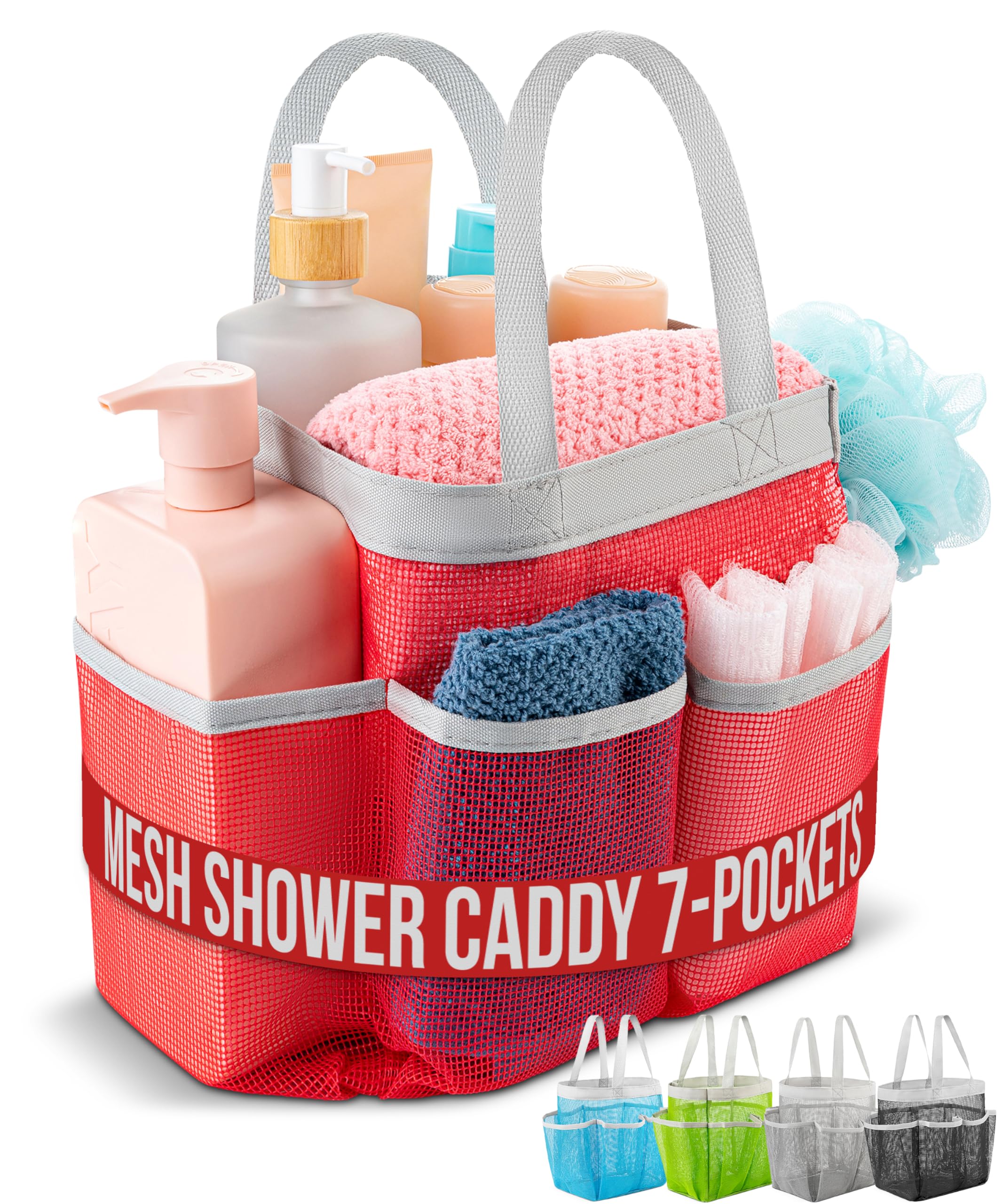 Handy Laundry Mesh Shower Caddy - 7 Pocket Portable Bathroom Organizer Tote for Travel, Gym & Dorm - Collapsible Small Shower Caddy Bag to Hold Toiletries & Essentials (Pink)