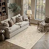 3x5 Entryway Rug,Washable Non-Slip Area Rug for Kitchen,Bedroom,Low Pile Distressed Thin Small Carpet,Vintage Floral Beside Rug Beige