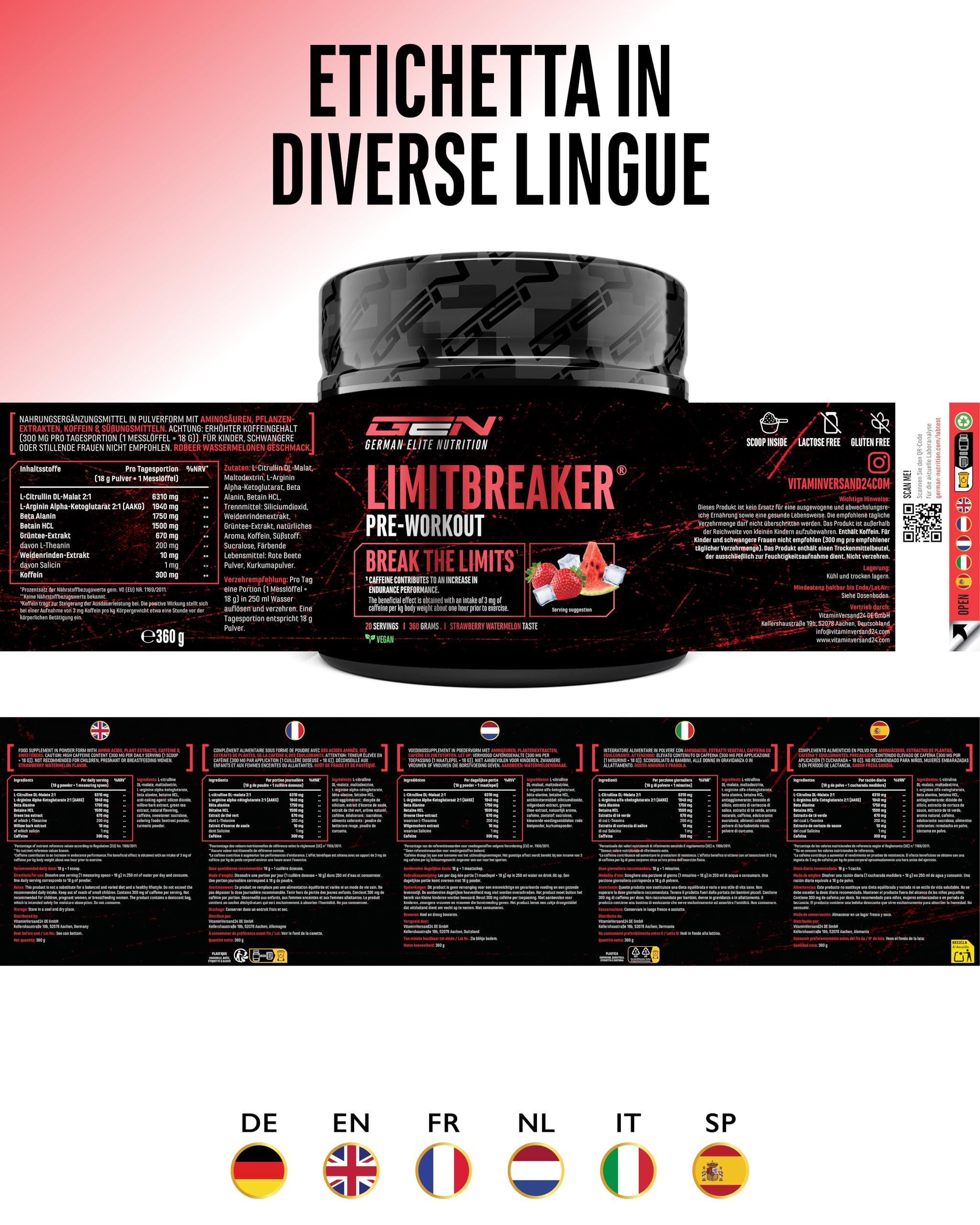 LIMITBREAKER® Pre Workout Booster con 300 mg di Caffeina - Gusto Fragola Anguria - con L Citrullina, AAKG, Beta Alanina e L Teanina - Alto Dosaggio - 360 g di Polvere 20 Porzioni - Vegano