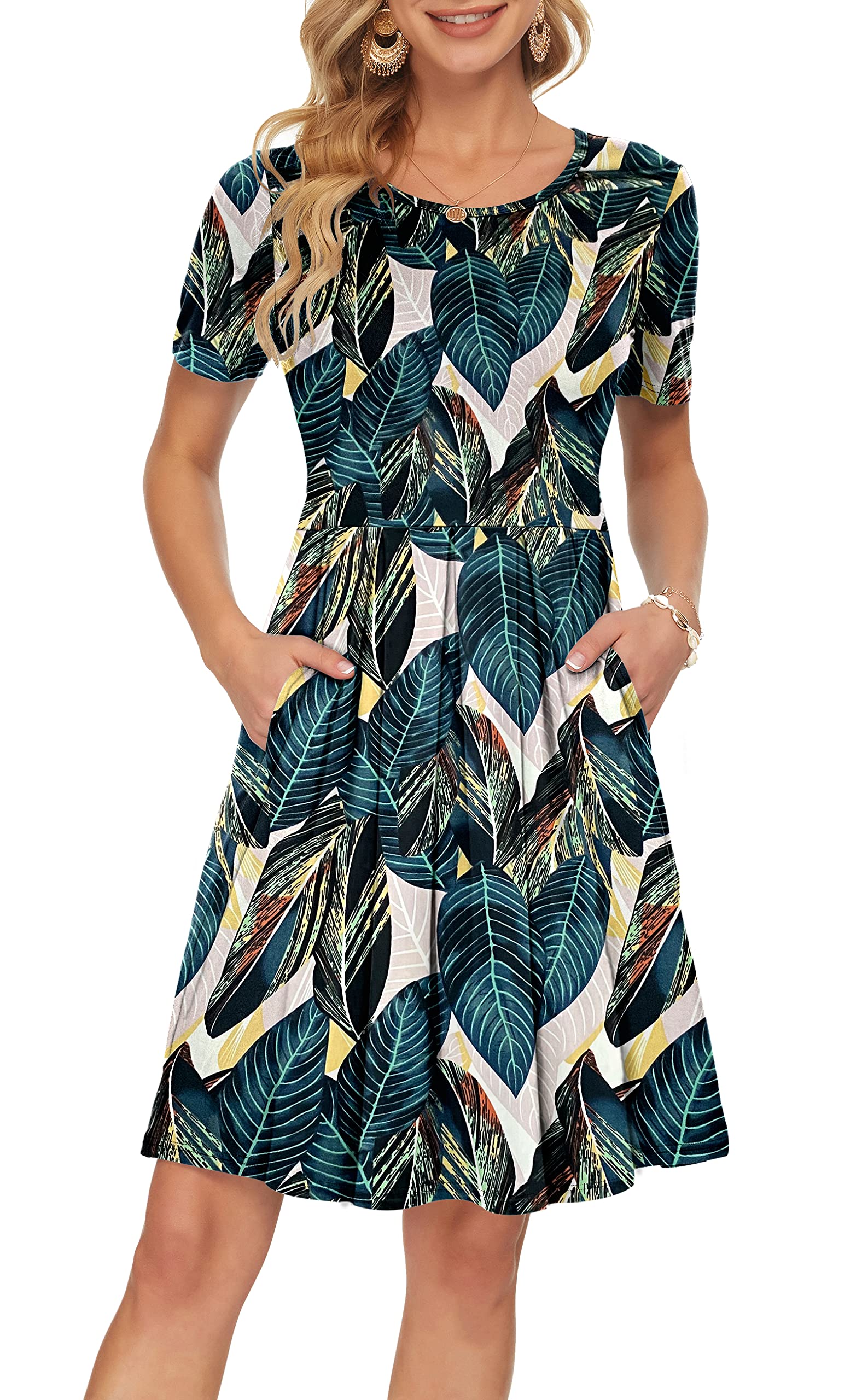 AUSELILY Women's Short Sleeve Pleated Swing Summer Dress with Pockets