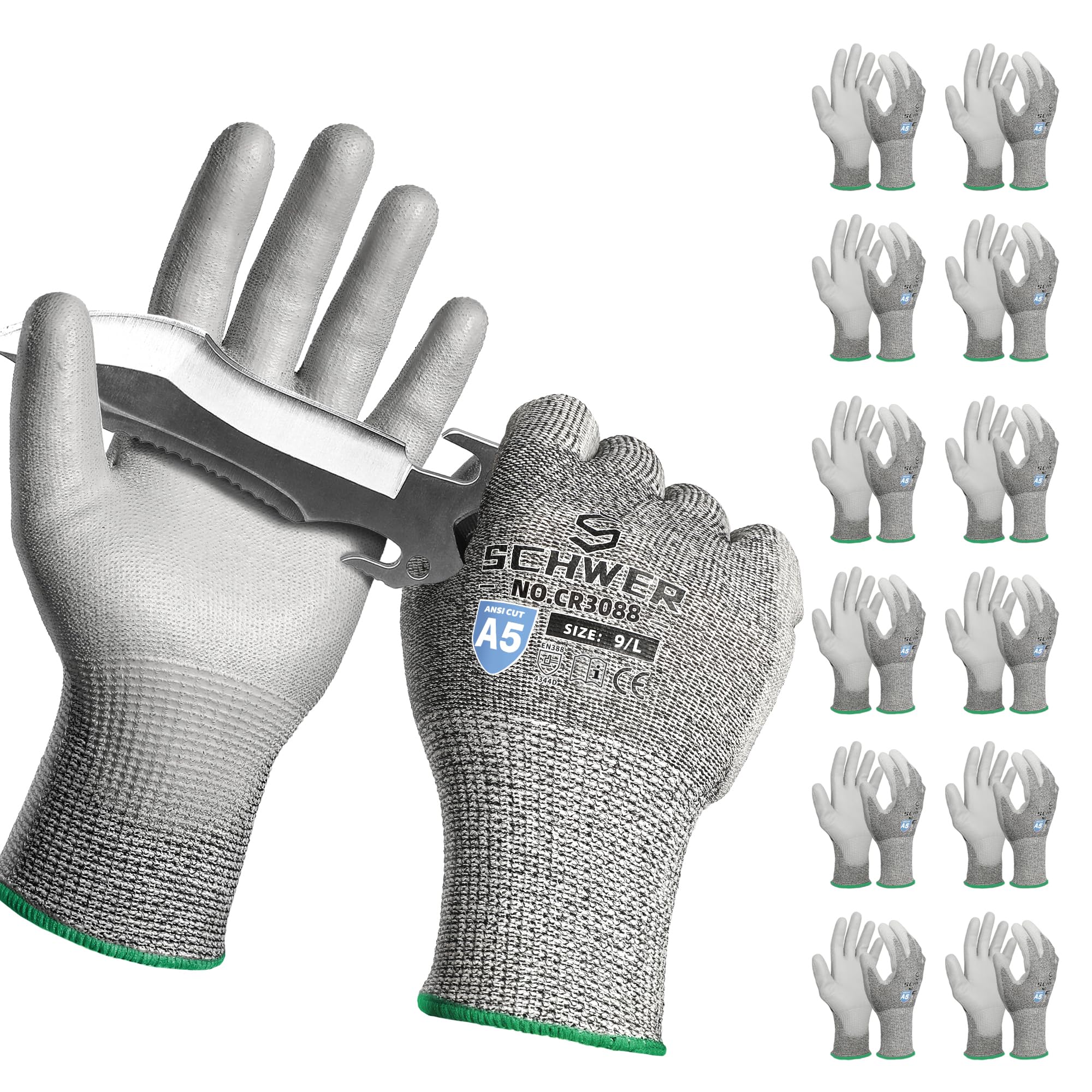 Schwer 12 Pairs ANSI A5 Cut Resistant Work Gloves, Cut Proof Gloves with PU Coating, Used for Metal Fabrication, WoodWorking, Construction, Non Slip,