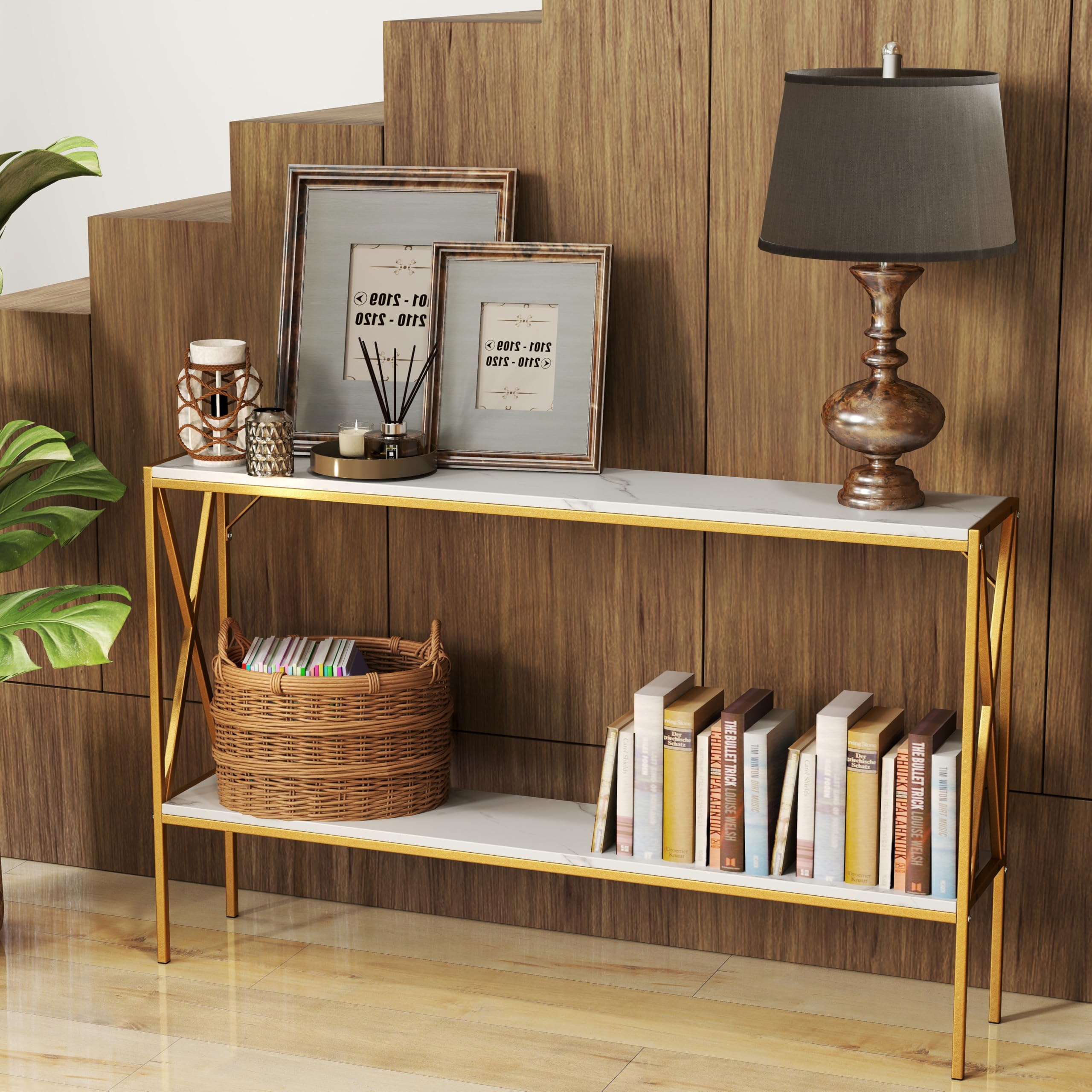 2-Tier Narrow Console Table, 47” Sofa Table with Metal Frame, Faux Marble Tabletop & Storage Shelf, Modern Behind Couch Table, Entryway Table for Hallway Entrance Foyer (Gold+White)
