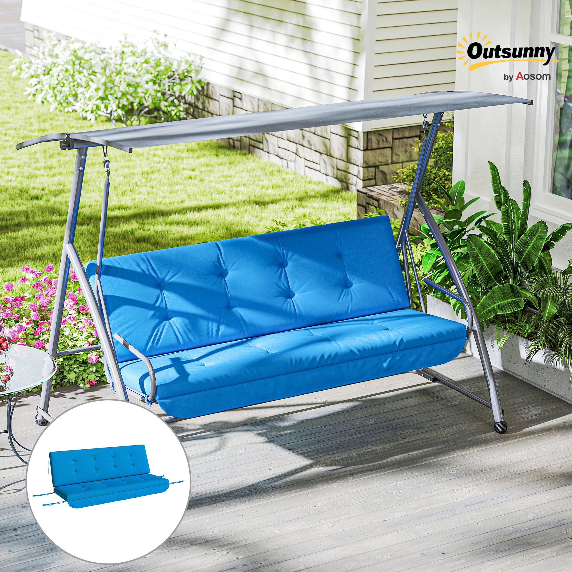 Outsunny Set di cuscini per dondolo Hollywood, 170 cm, cuscino per sedia a dondolo da giardino, cuscino laterale blu