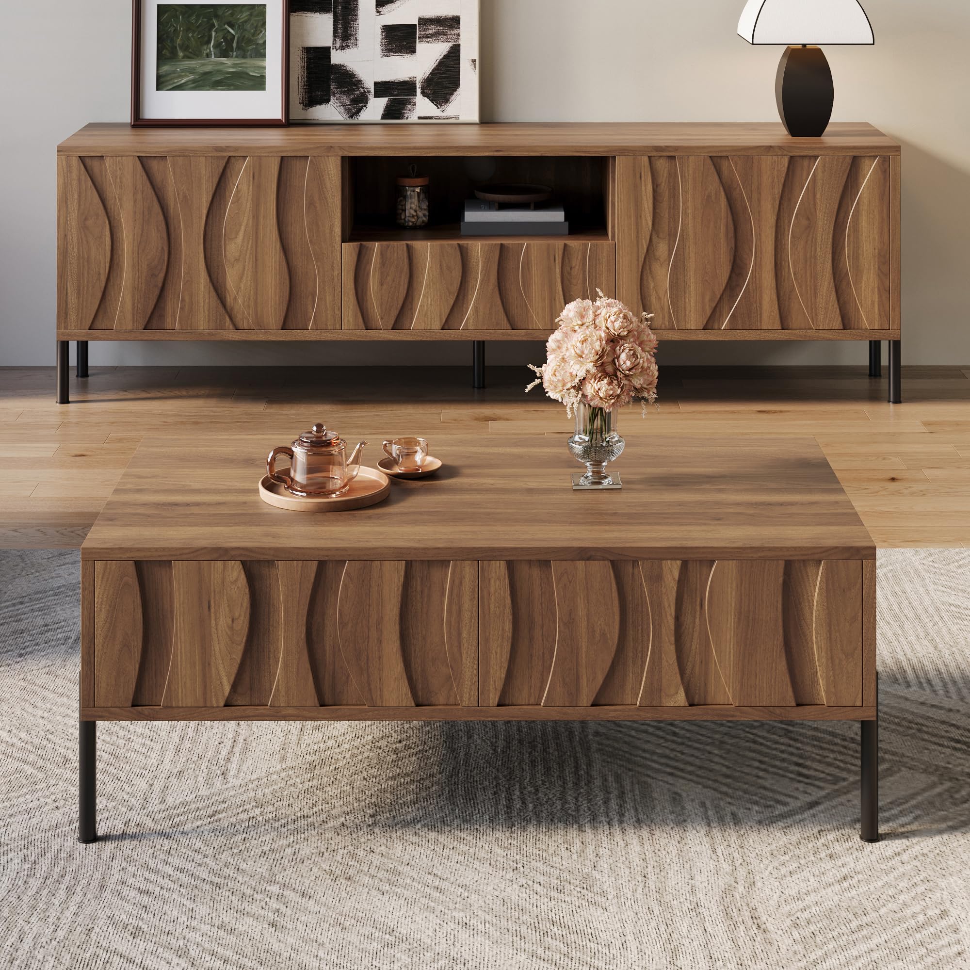 Kebnor Mesa de centro y soporte de TV combinación de madera maciza con patrón ondulado, juego de almacenamiento con grano de madera natural, muebles de almacenamiento artístico para el salón
