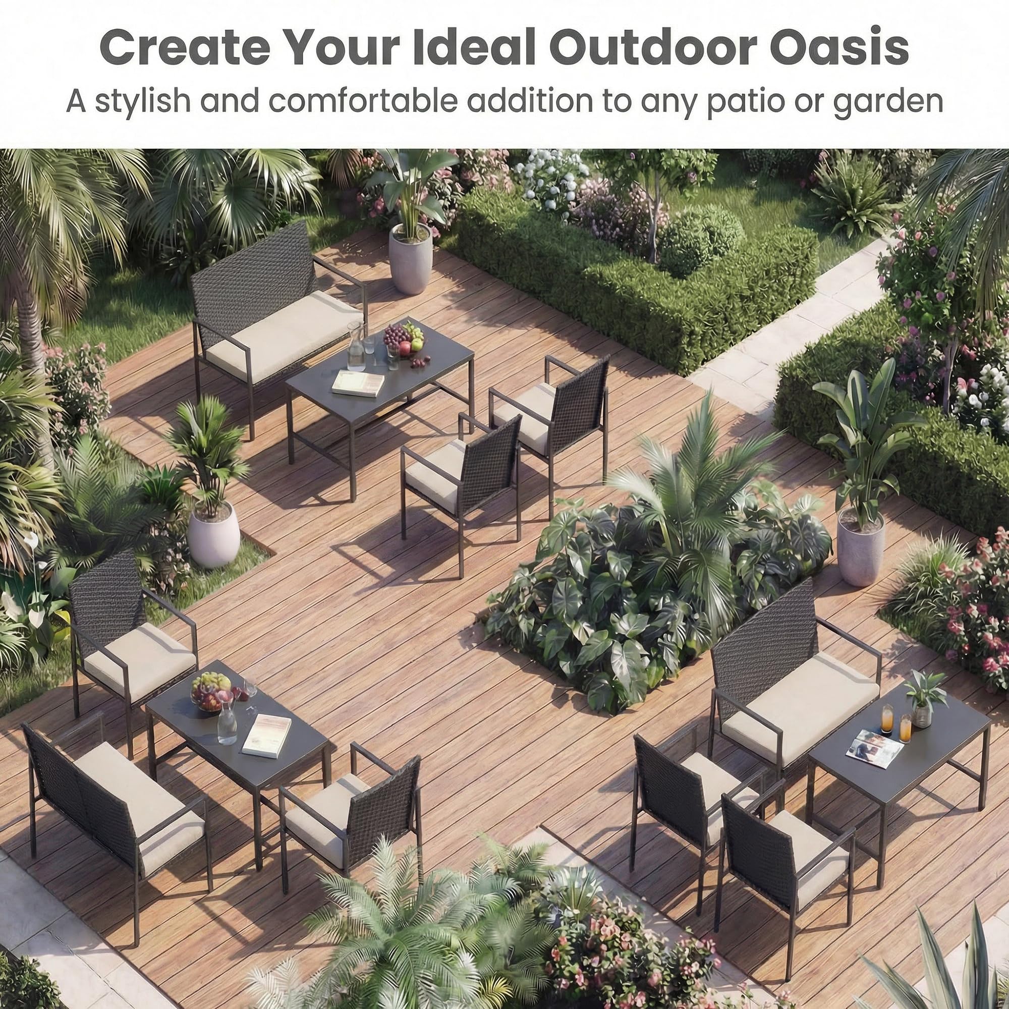 SOARS Conjunto de Jardin Exterior de Ratán de 4 Piezas, Mesa de Centro de Cristal Templado con 2 Sillas, Sofá de 2 Plazas y Cojines Mullidos, Muebles de Jardín para Patio, Terraza, Balcón (Beige)