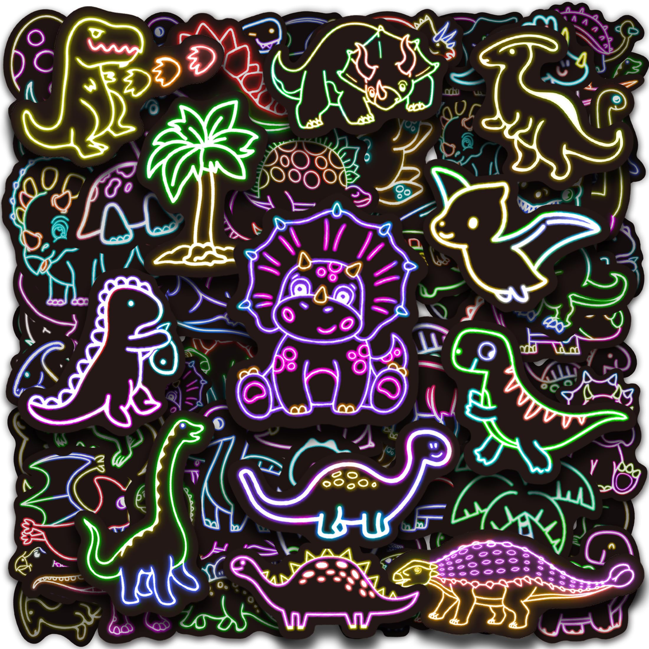 51 Pcs Neon Dinosaur Stickers for Kids, Dinos Sticker for Water Bottle, Vinyl Waterproof Laptop Decals for Teens Girls Boys, Students Adults Sticker