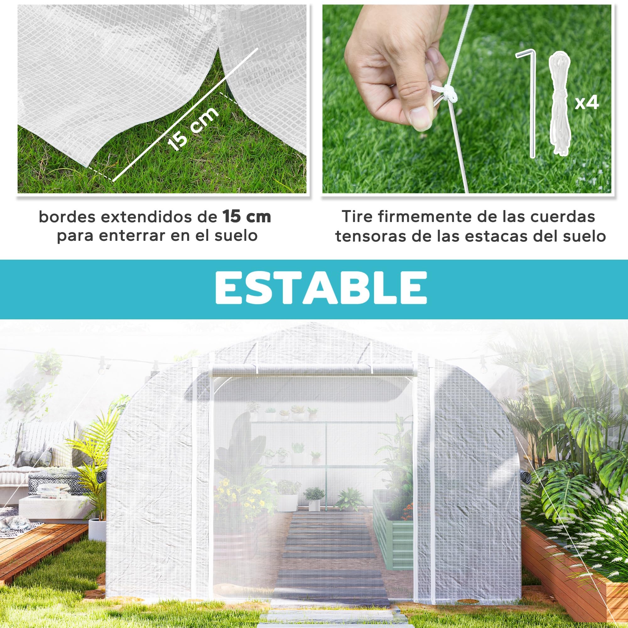 Outsunny Invernadero de Exterior 6x3x2 m con 8 Ventanas PE Anti-UV Blanco | Invernadero de Túnel, Puerta Enrollable con Cremallera, Laterales de Malla