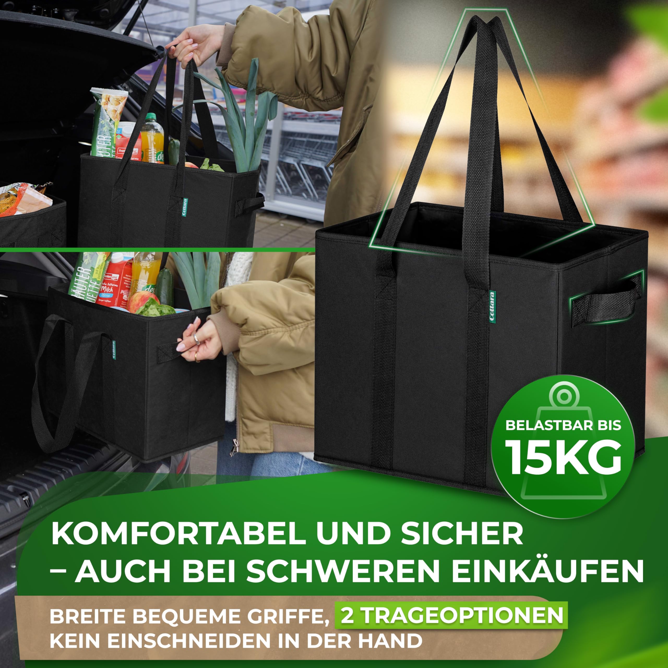 COTTARA® faltbare Einkaufstasche groß 3er Pack & Obstnetz – stabiler großer Einkaufskorb faltbar mit verstärktem Boden – Ideale Einkaufstasche für Einkaufswagen & Kofferraum – 80 L Schwarz