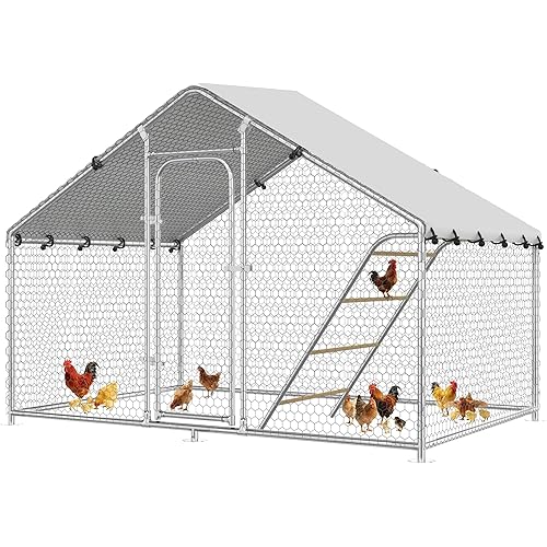 Large Metal Chicken Coop with Roosting Perch, UV-Resistant and Waterproof Cover, Chicken Run Outdoor Walk-in Cage Rabbit Duck Hen House for Yard Farm Use Spire Roof (10’ W x 4.9’ L x 6.4’ H)