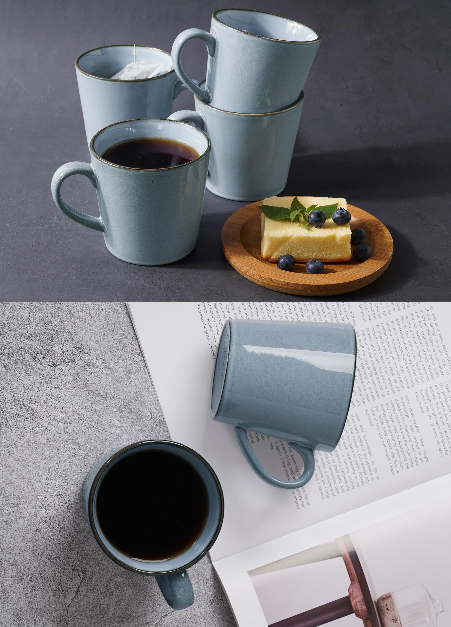 famiware Annecy Lot de 4 tasses à café en céramique avec poignée 414 ml | Ensemble de tasses à café en grès - Passe au micro-ondes et au lave-vaisselle - Pour thé, latte, cappuccino - Bleu réactif
