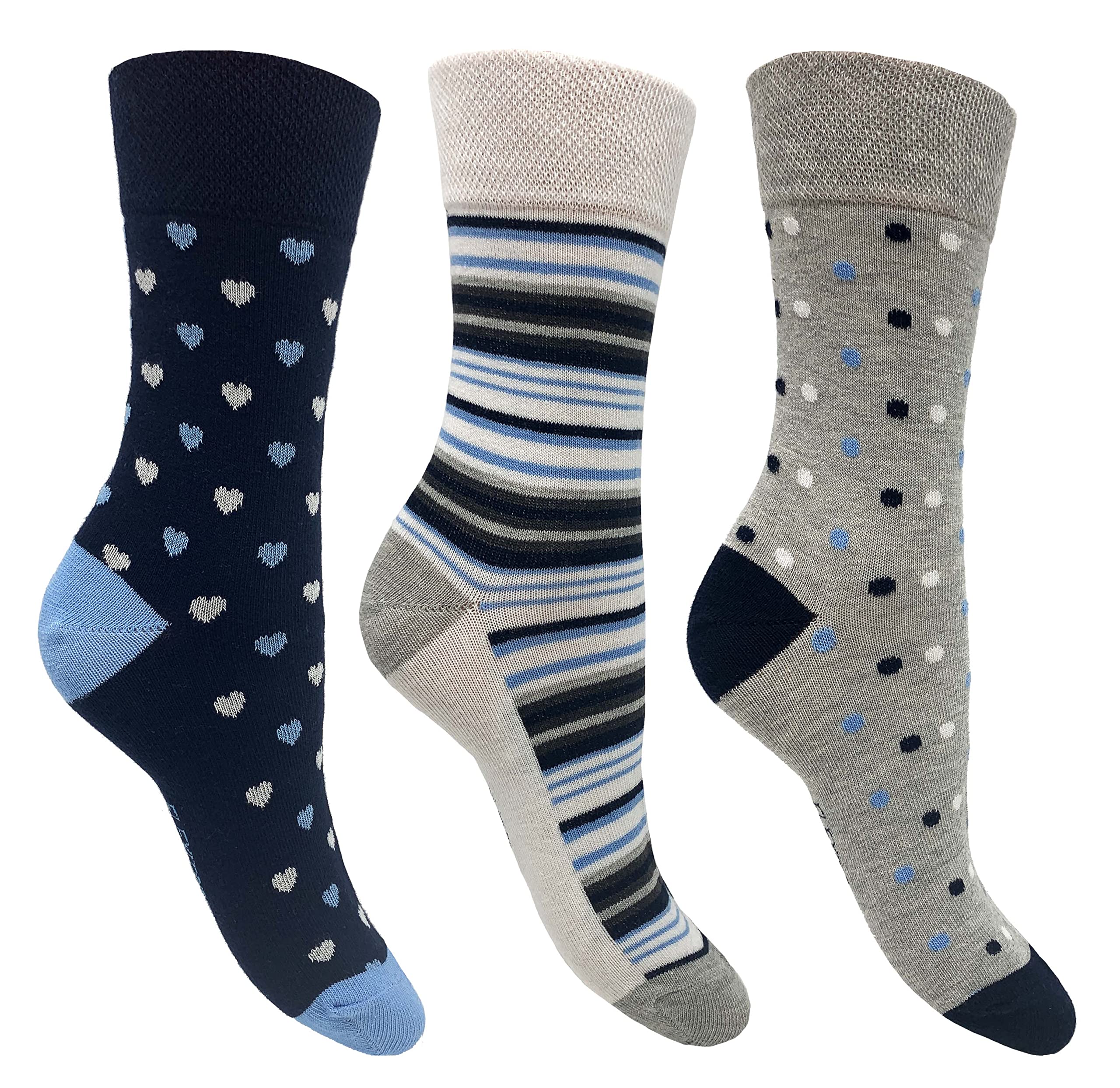 Flexitop Ladies heart design Socks | 3 Pairs | U.K. Size 4-7| Ladies navy/grey heart design socks, soft hold, comfort ladies socks, gentle grip socks.