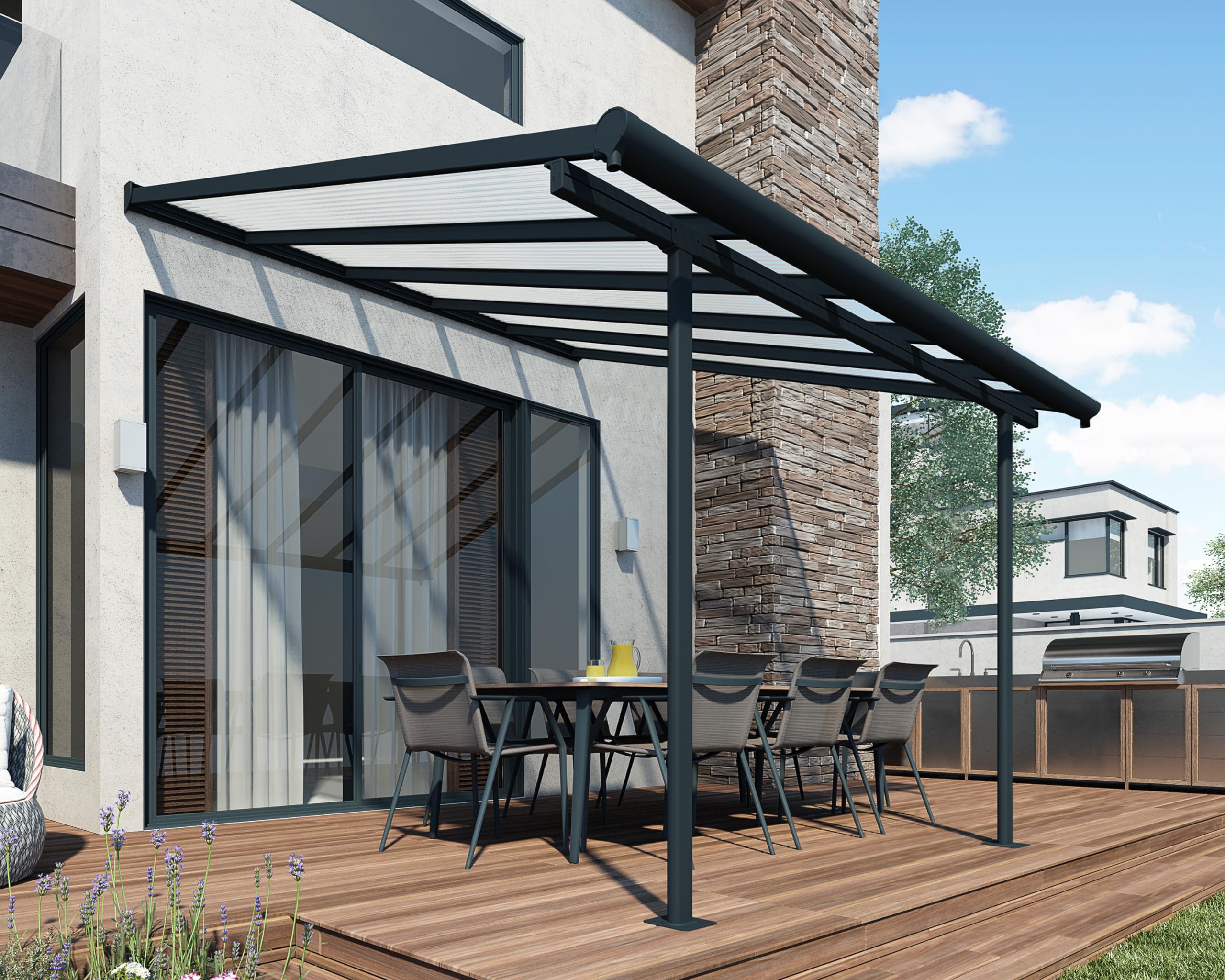Pérgola Sierra 3x3.05 M De Aluminio Y Policarbonato – Cubierta Para Terraza Todo El Año, Resistente Al Viento Y Nieve, Con Canalones Integrados (Gris Claro)