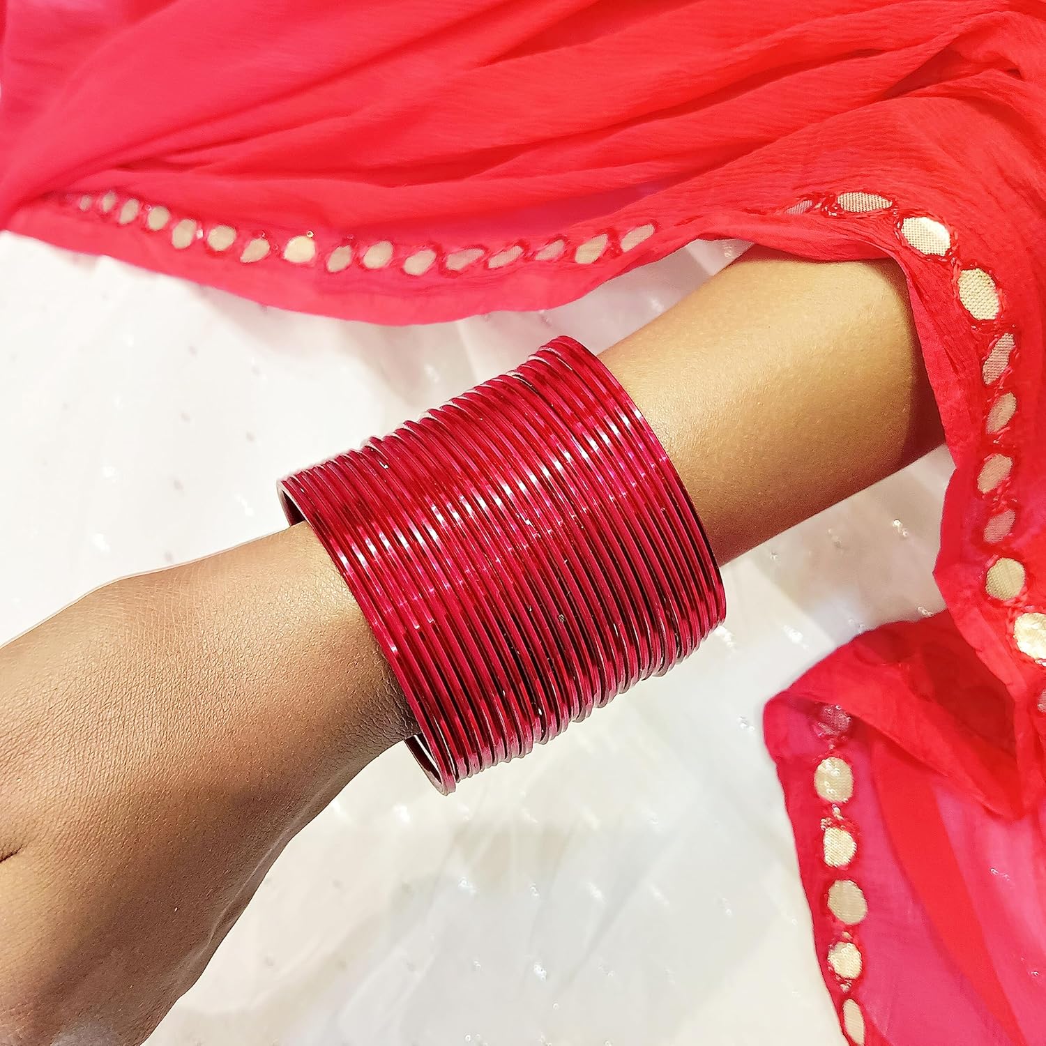 Efulgenz Indian Wedding Bangles Set Glossy Red Bangles Bollywood Plain Metal Bangle Bracelets Bridal Bangle Set for Women (24 Pcs) Size 2.6 - Image 4