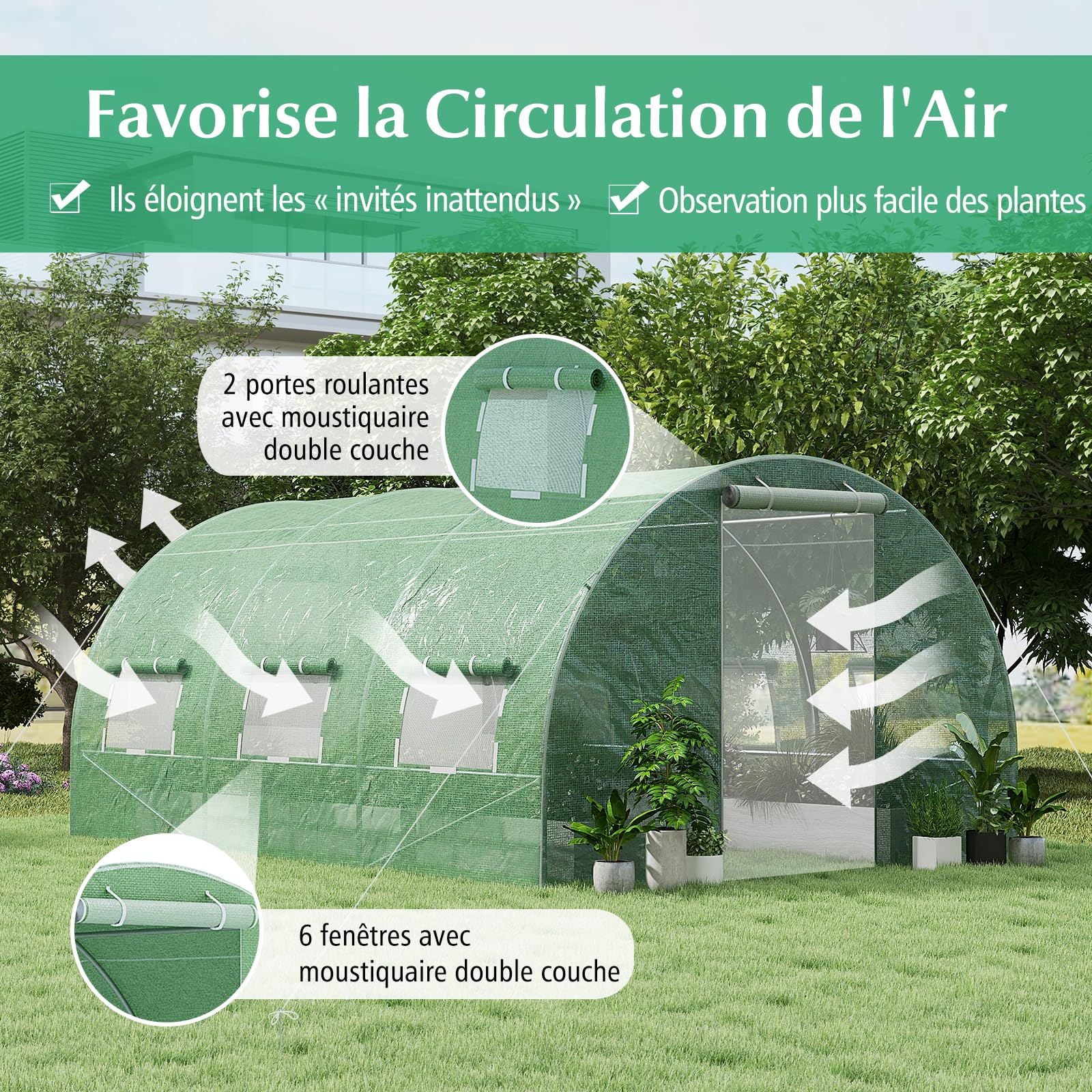 RELAX4LIFE Serre de Jardin 12m², Serre Tunnel de Jardin 4x3x2M avec Cadre en Acier Galvanisé, 2 Portes et 8 Fenêtres Enroulables, Housse PE pour Légumes, Fruits, Fleurs, Idéale pour Toutes Saisons
