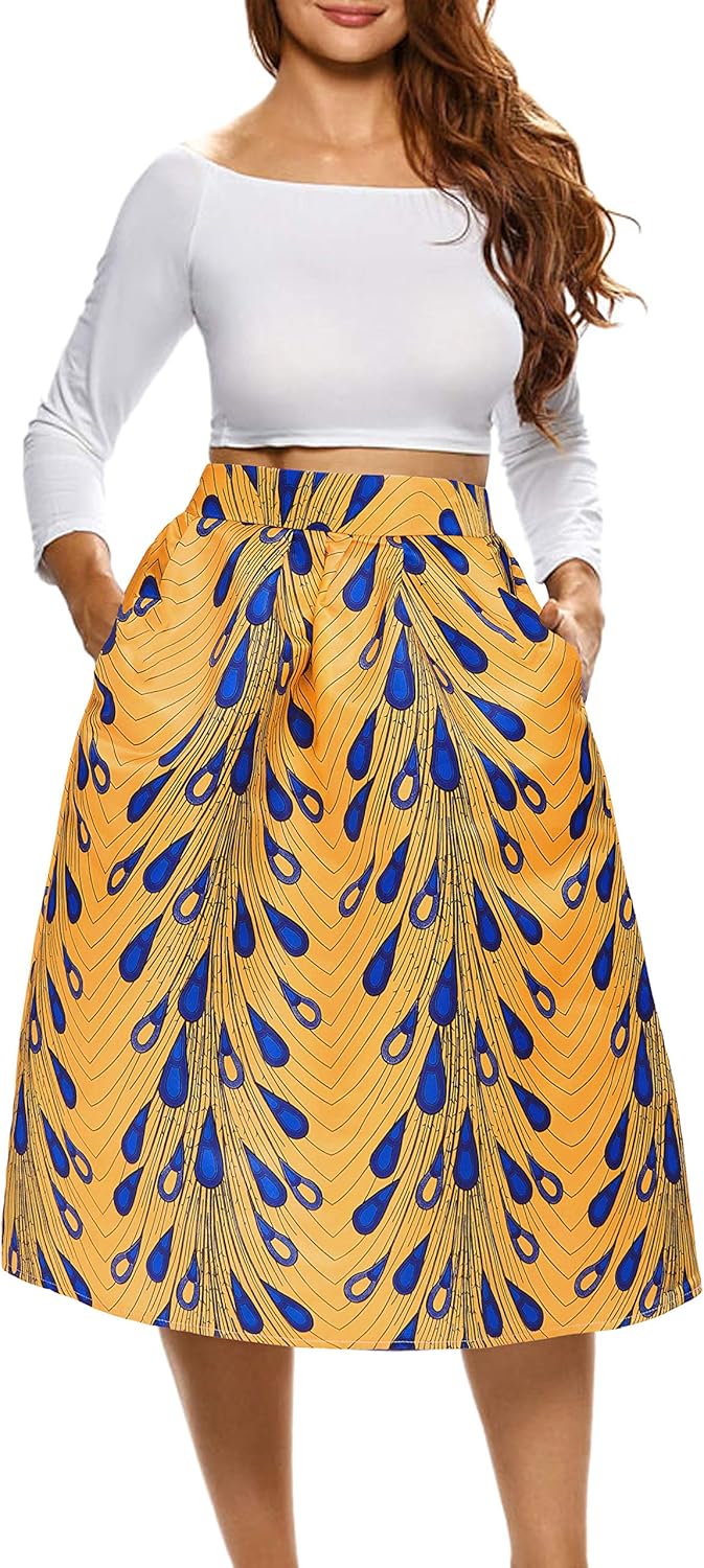 Afibi Womens African Print Skirt Boho Flare Pleated Midi Skirt with Pockets - Image 2