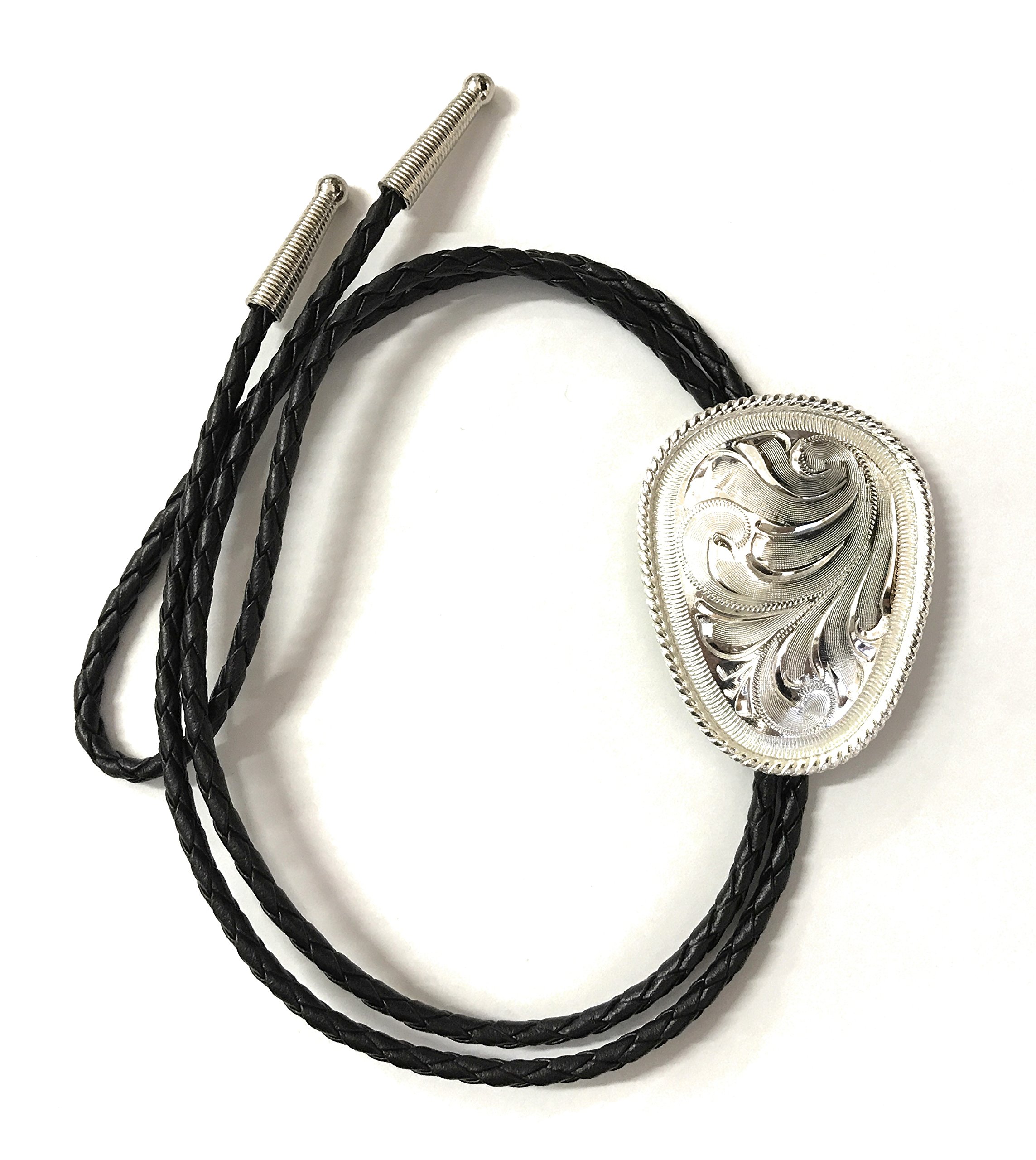 Large Engraved Silver Bolo Tie with Rope Border