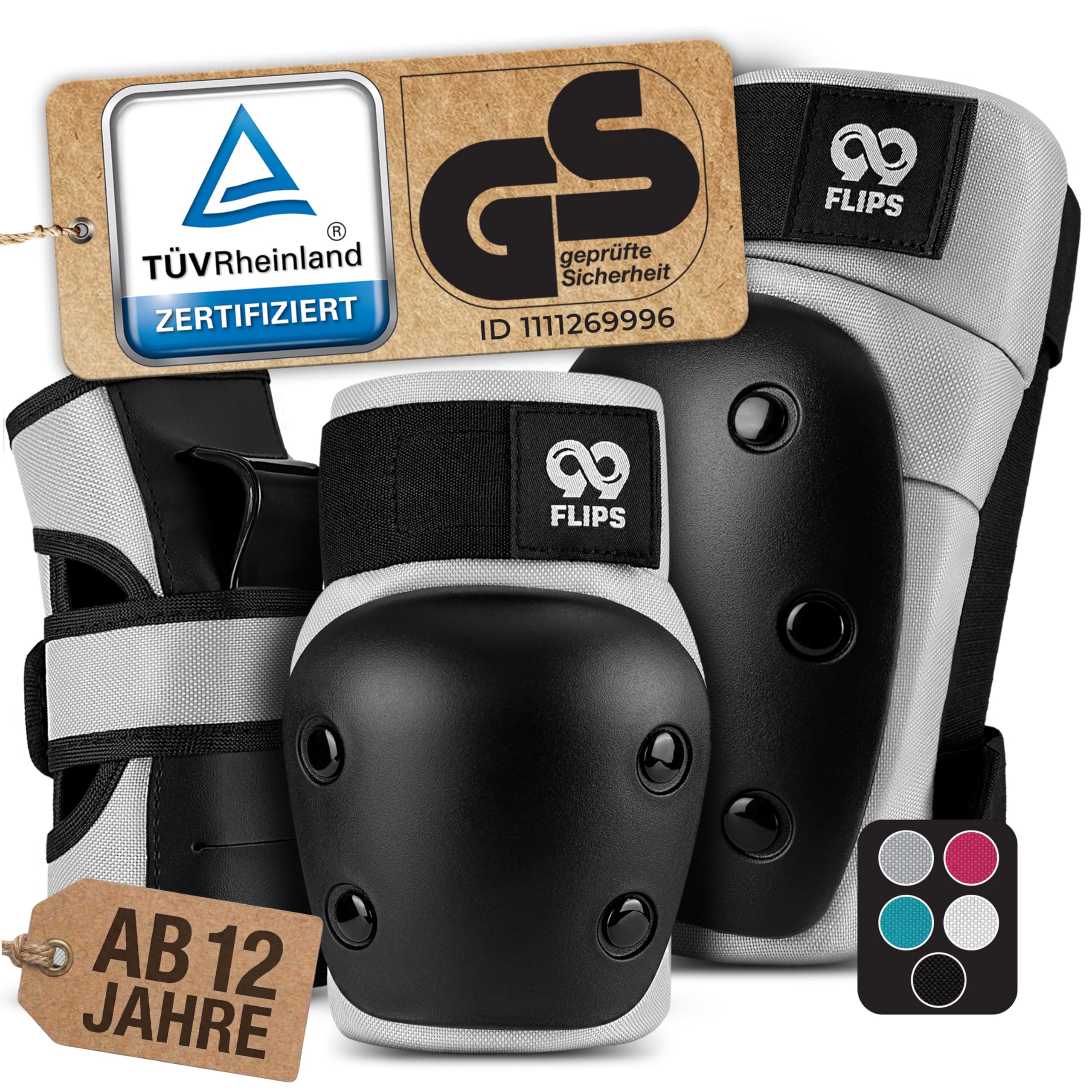 99FLIPS Inliner Schoner Erwachsene mit GS [6er Set] DIVE - L in Grau - Schoner Inliner Damen schützer erwachsene - Knieschoner Kinder 12 Jahre protektoren Skateboard