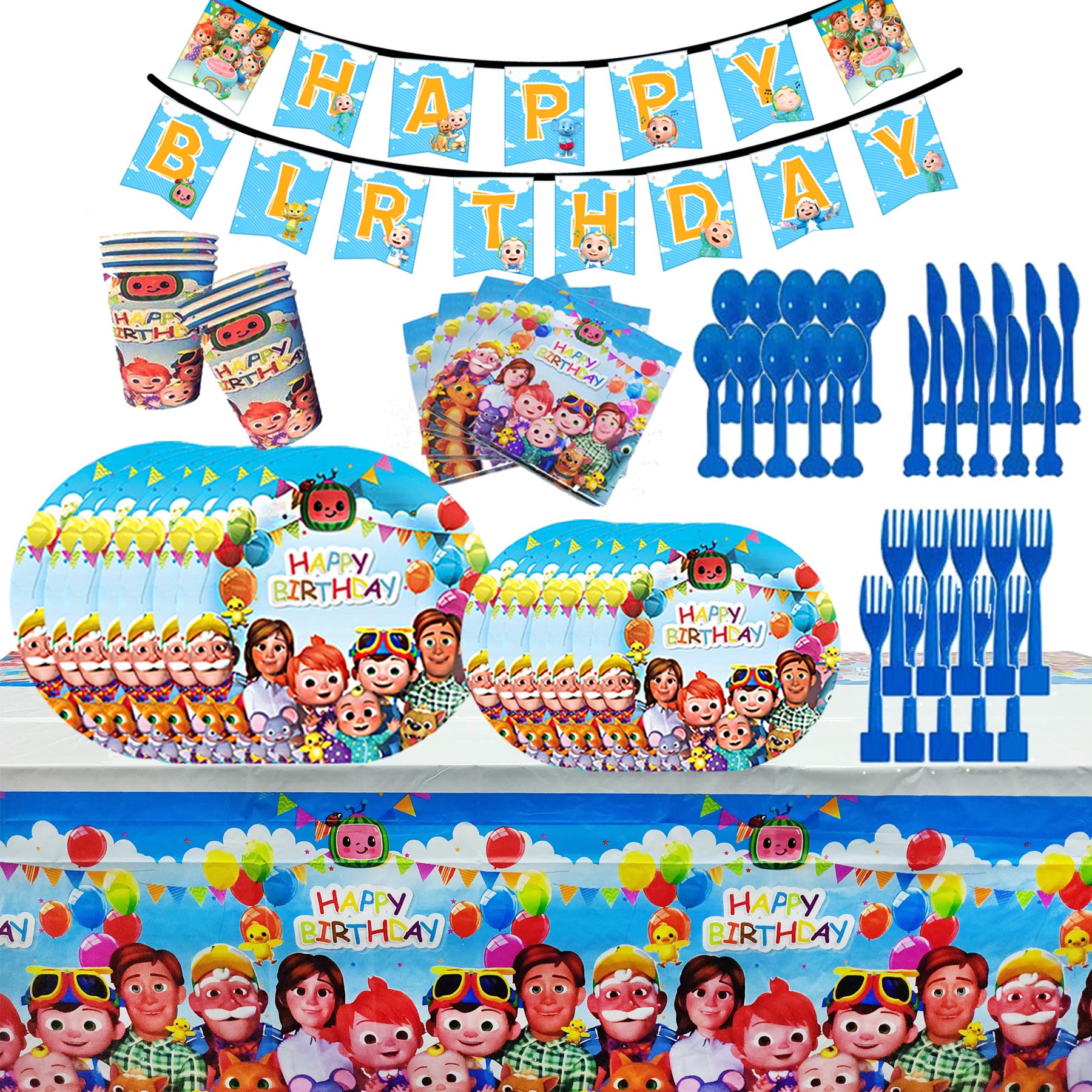 Cocomelon Game Theme Birthday Party Supplies, Cocomelon Gaming Theme Party Decorations Set include Tablecover, Plates, Forks, Knives, Spoons, Cups, Happy Birthday Banner, Napkins for Video Game Fans Birthday Party Decorations