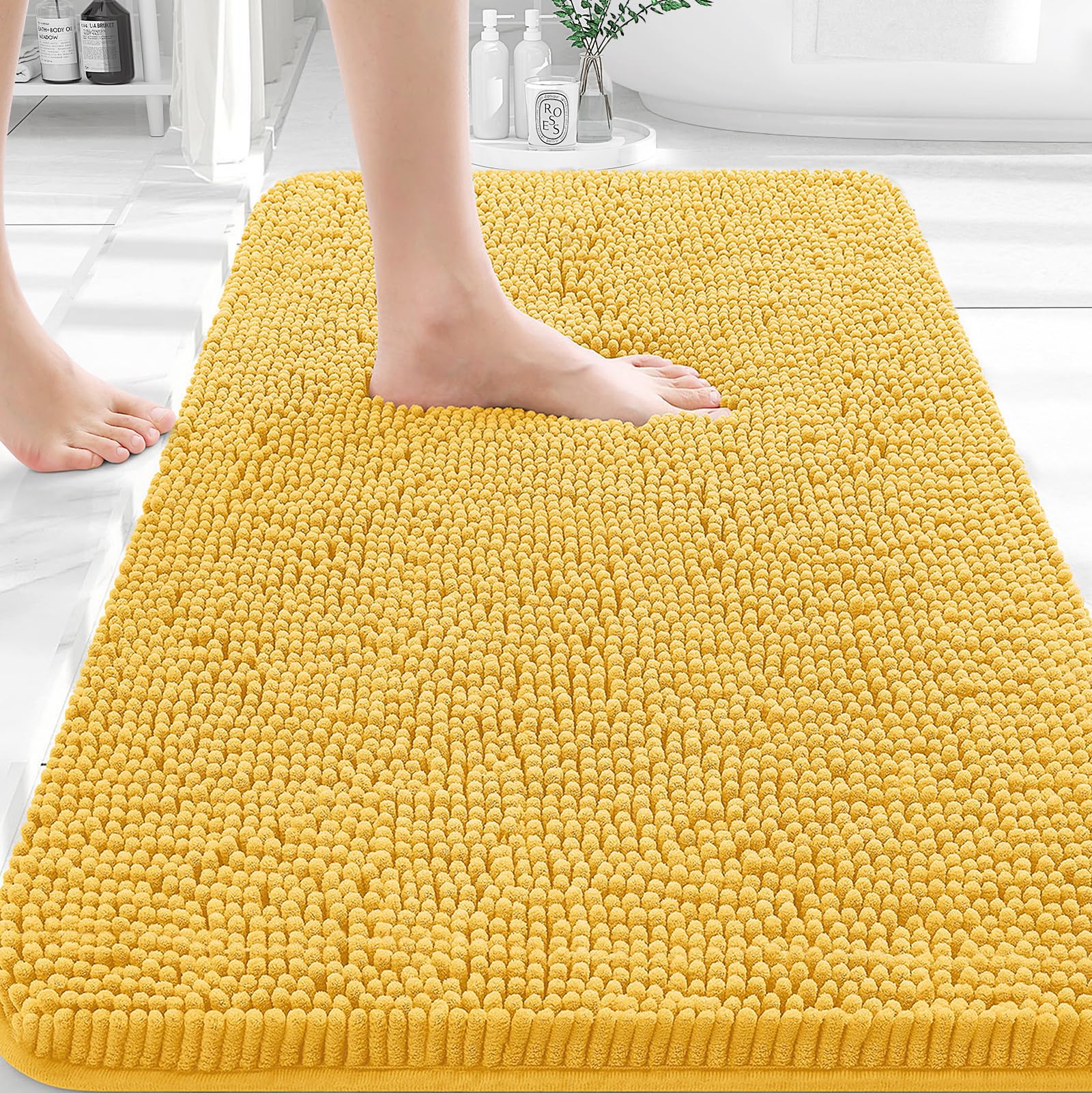 OLANLY Small Bathroom Rugs 30x18, Extra Soft Absorbent Chenille Bath Rugs | Yellow, Quick-Drying Rubber Backing, Machine Washable Bath Mat for Bathroom Floor, Tub and Shower, Home Decor Accessories