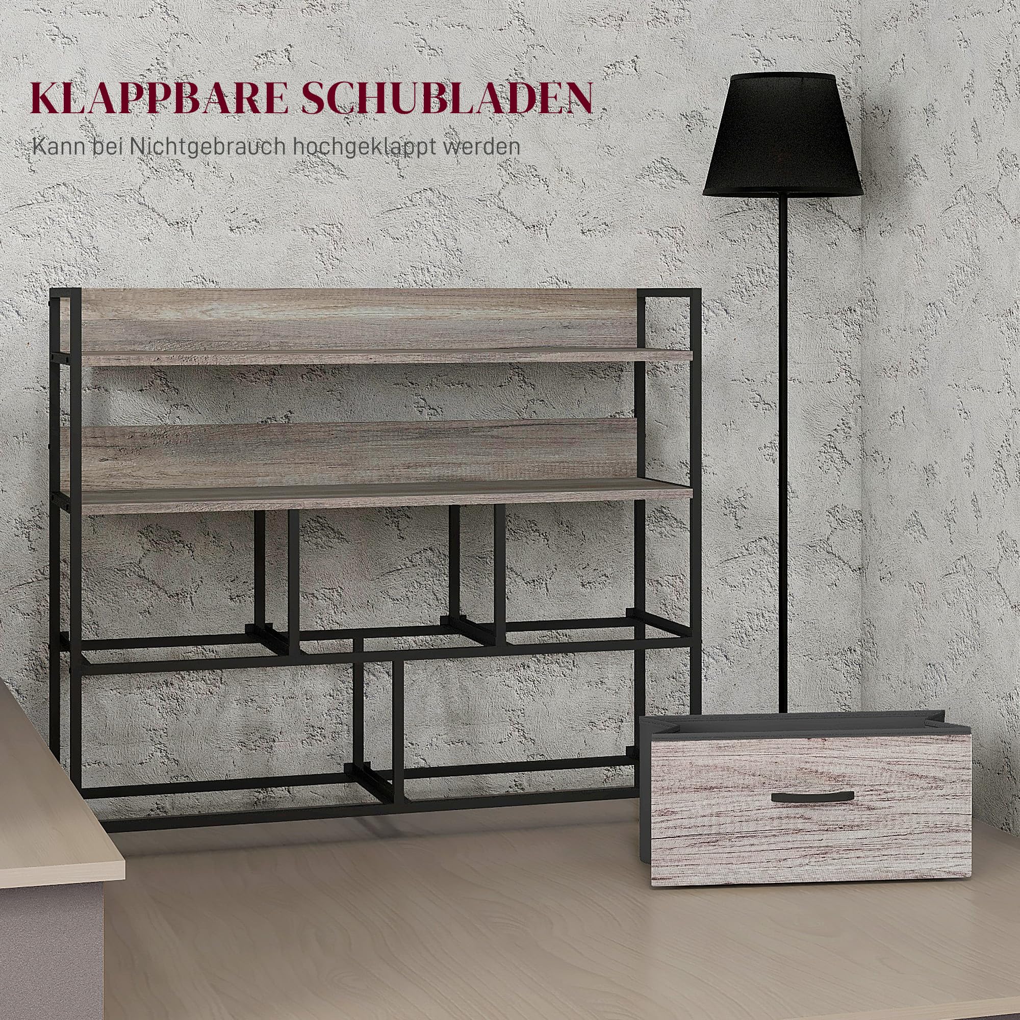HOMCOM Komoda z 5 szufladami z materiału, szafka do przechowywania, szafka na komodę z 2 półkami, stalowy stelaż, przemysłowe wzornictwo do salonu, sypialni, szara