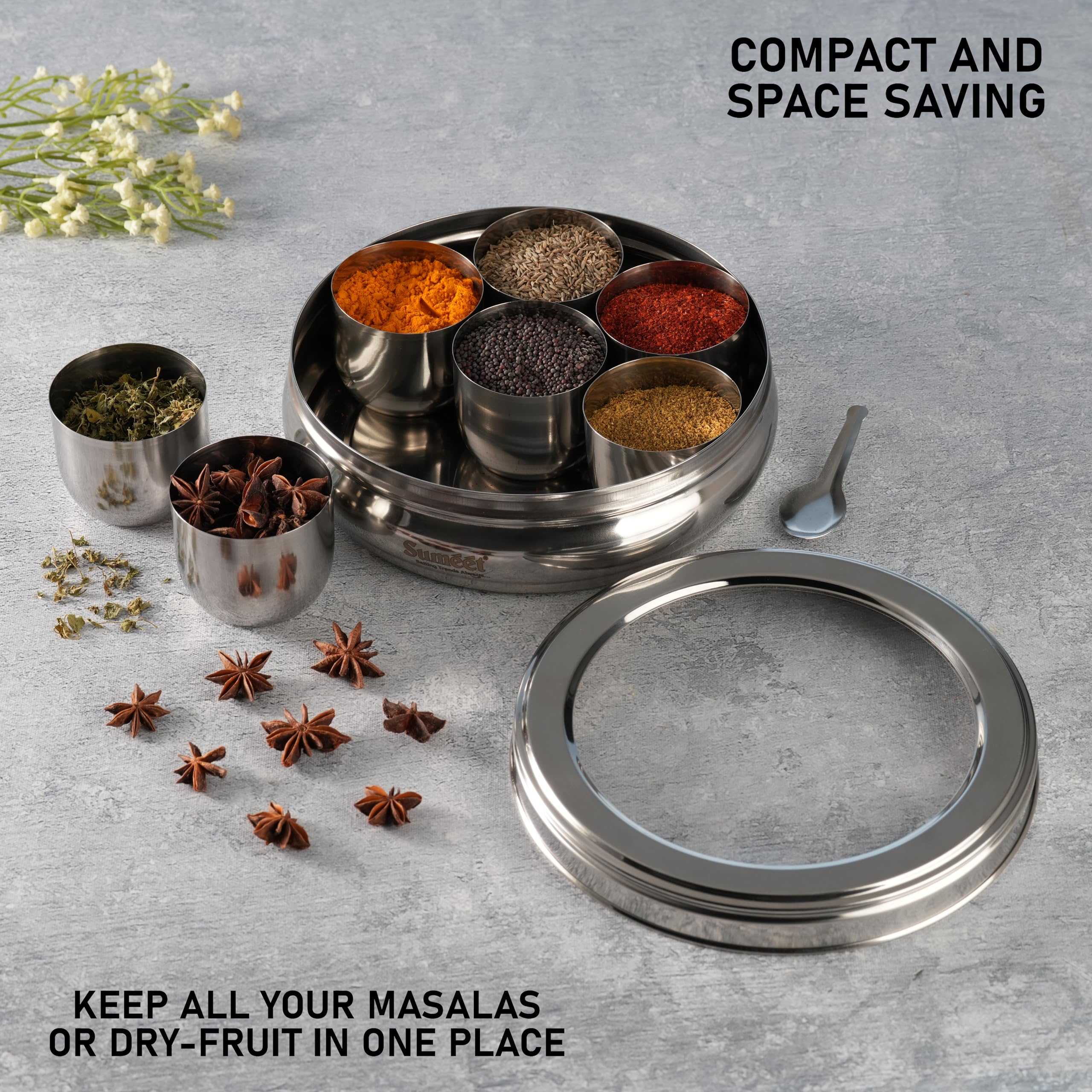 Sumeet Stainless Steel Belly Shape Masala (Spice) Box/Dabba/Organiser With See Through Lid With 7 Containers And Small Spoon (Big), Beige 3