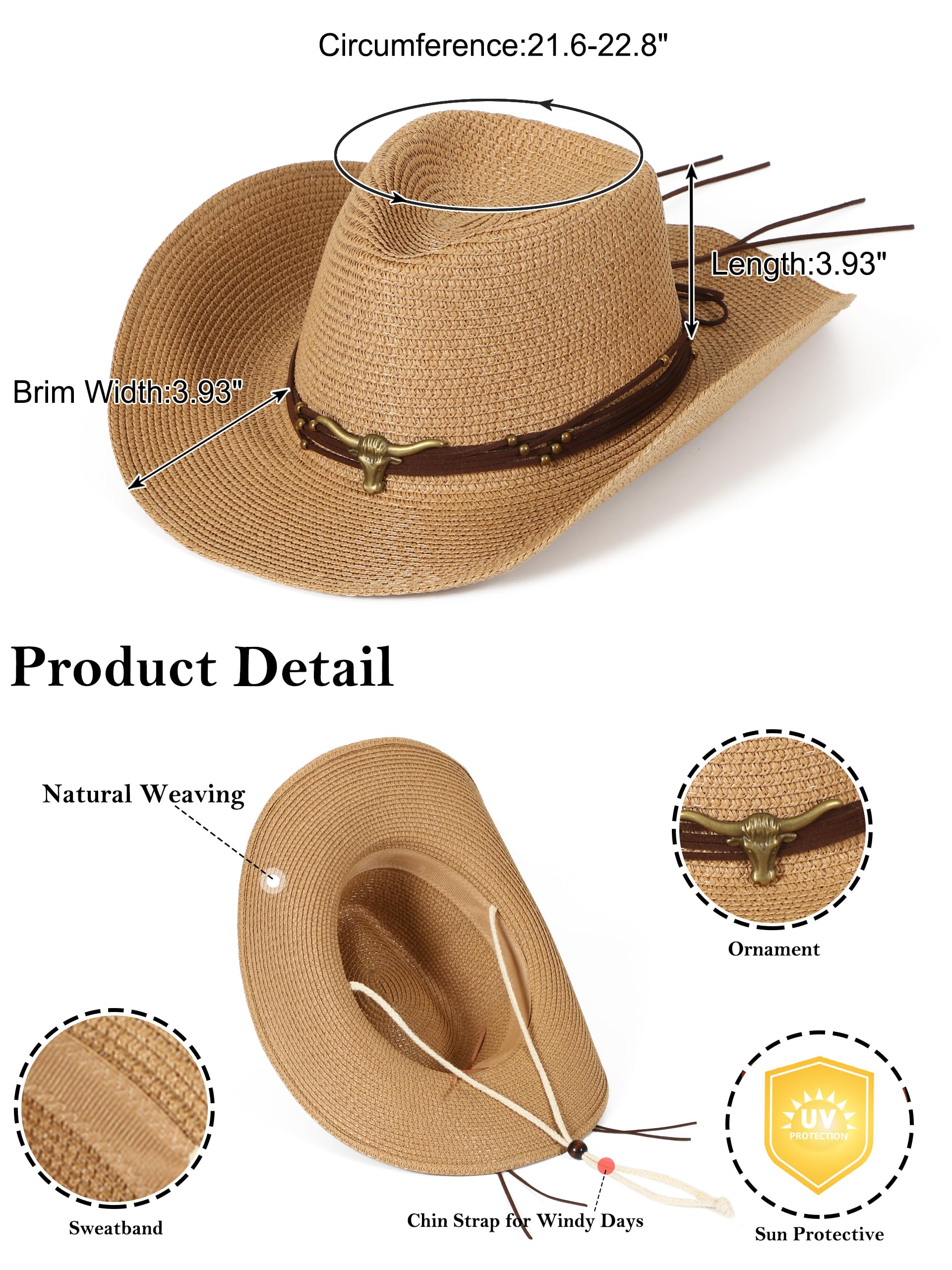 soul young Chapeau de Cowboy en Paille Tressée pour Femme Chapeau de Soleil