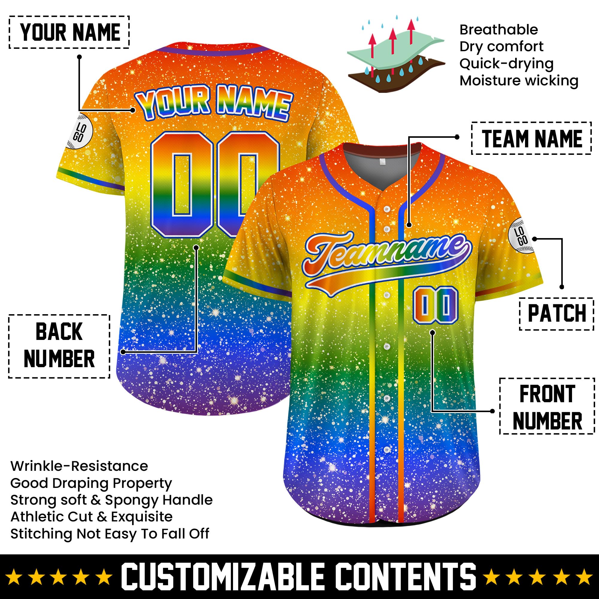 Custom Baseball Jersey – Personalized Name, Number & Logo, LGBT Pride Sports Uniform Pride 7 Baseball Jerseys for Men, Women, Youth, Toddlers