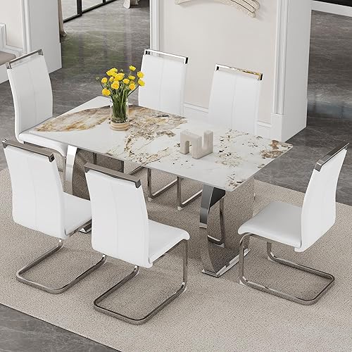 Miniatura 12 de Juego de mesa de comedor moderno para 6, 7 piezas de mármol sintético para cocina, mesa de comedor con mesas de comedor rectangulares y 6 sillas