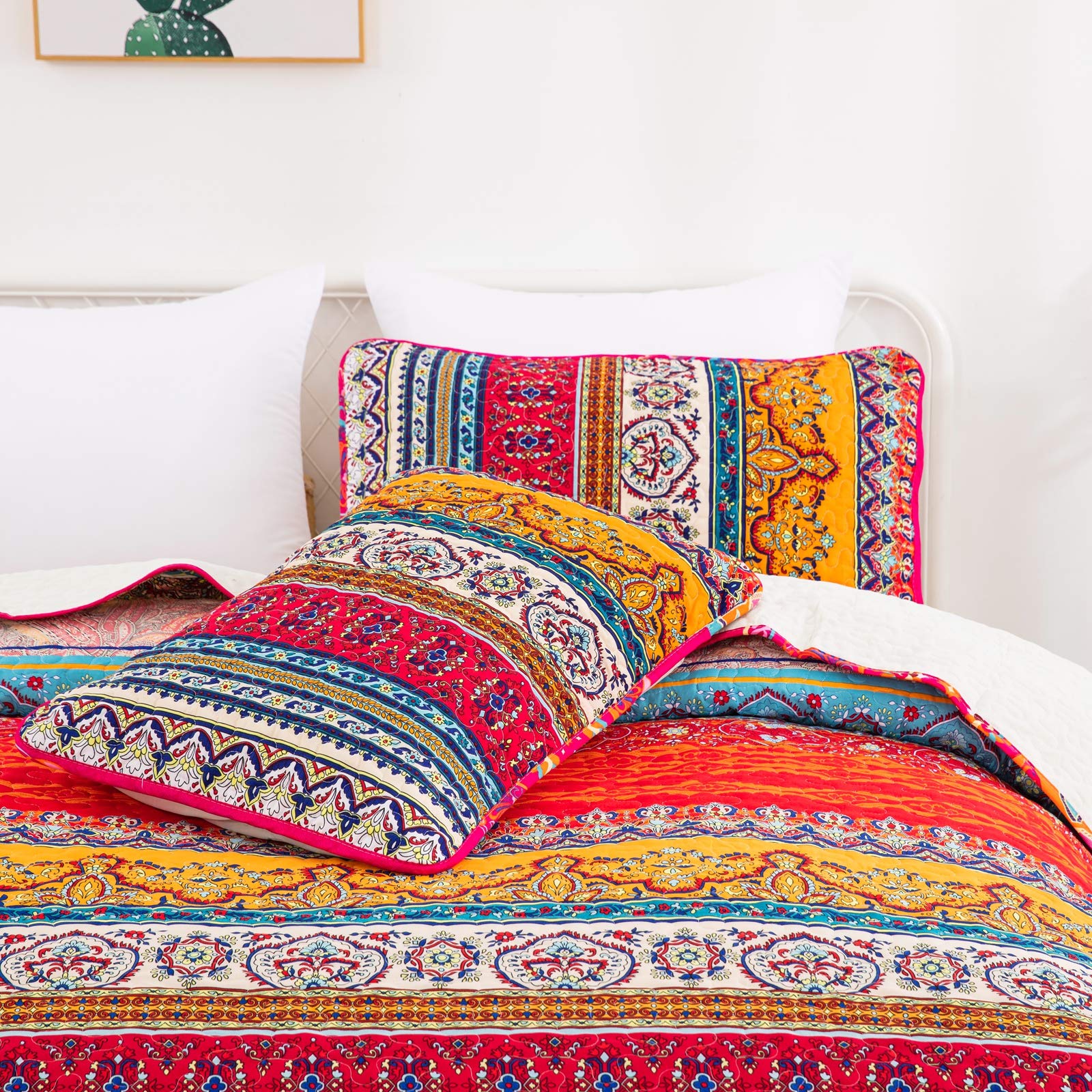WONGS BEDDING Tagesdecke 220x240 Bettüberwurf Boho Steppdecke 3-teilig Mikrofaser mit 2 Kissenbezug 50x70