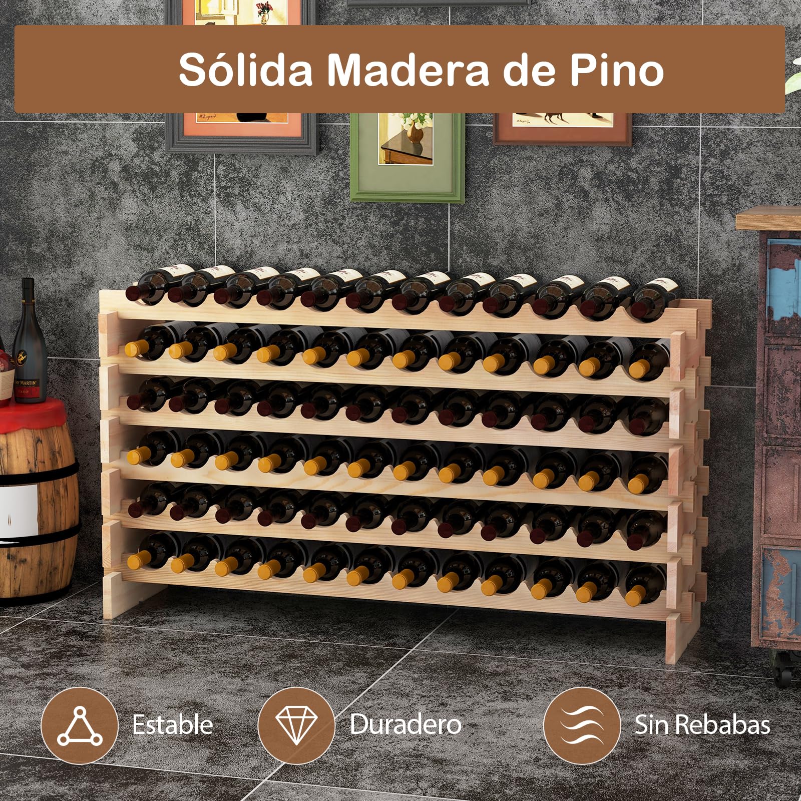 GIANTEX Botellero de Madera de Pino para 72 Botellas con 6 Niveles, Estanteía de Almacenamiento de Vino Independiente, Diseño Inclinado, Soporte de Botellas para Cocina y Bar, 119 x 29 x 71,5 cm