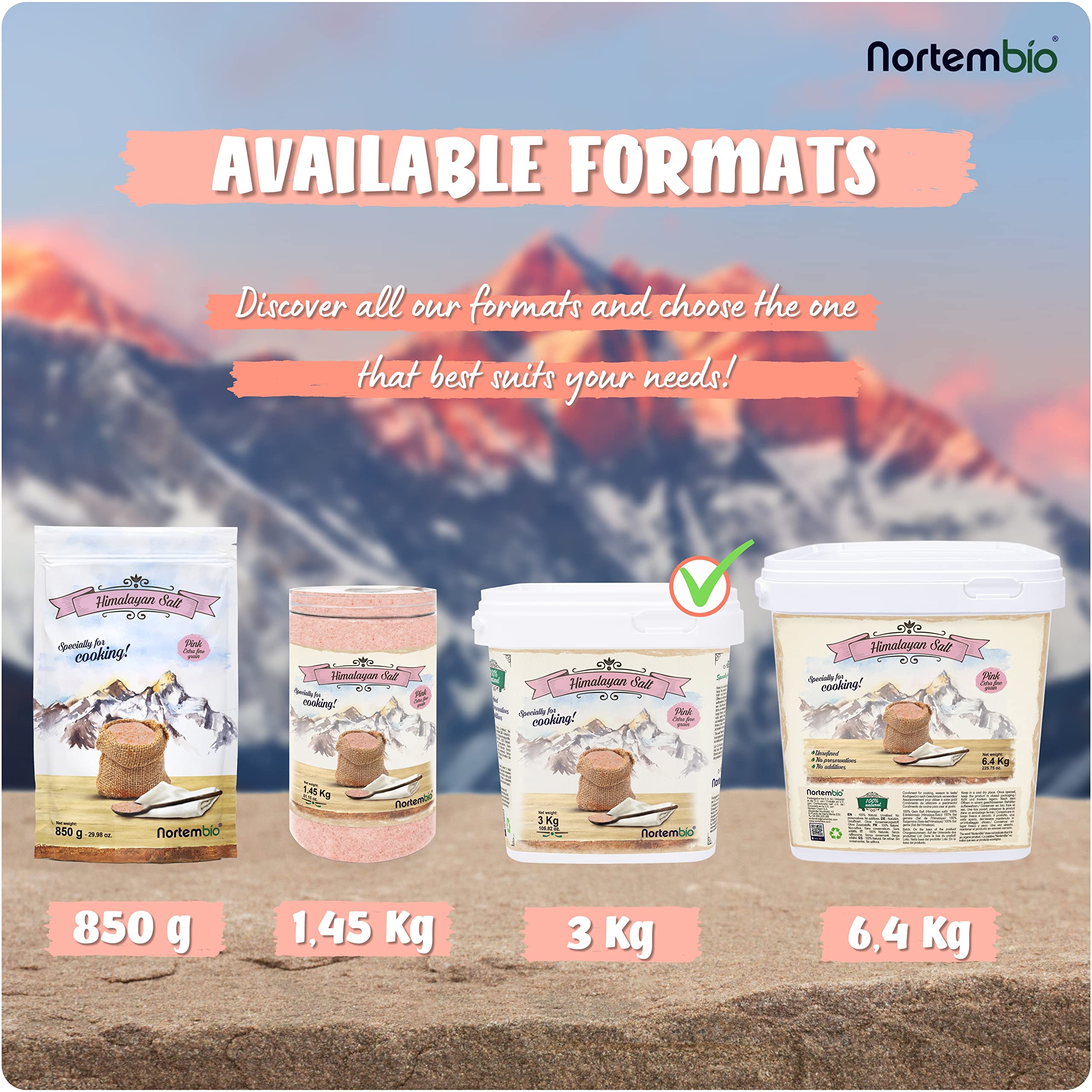 Nortembio Sal Rosa del Himalaya 3 kg Extra Fina (0,5–1 mm) Origen Pakistán Sal Mineral Natural sin Refinar para Uso Culinario + Gratis eBook con Recetas!