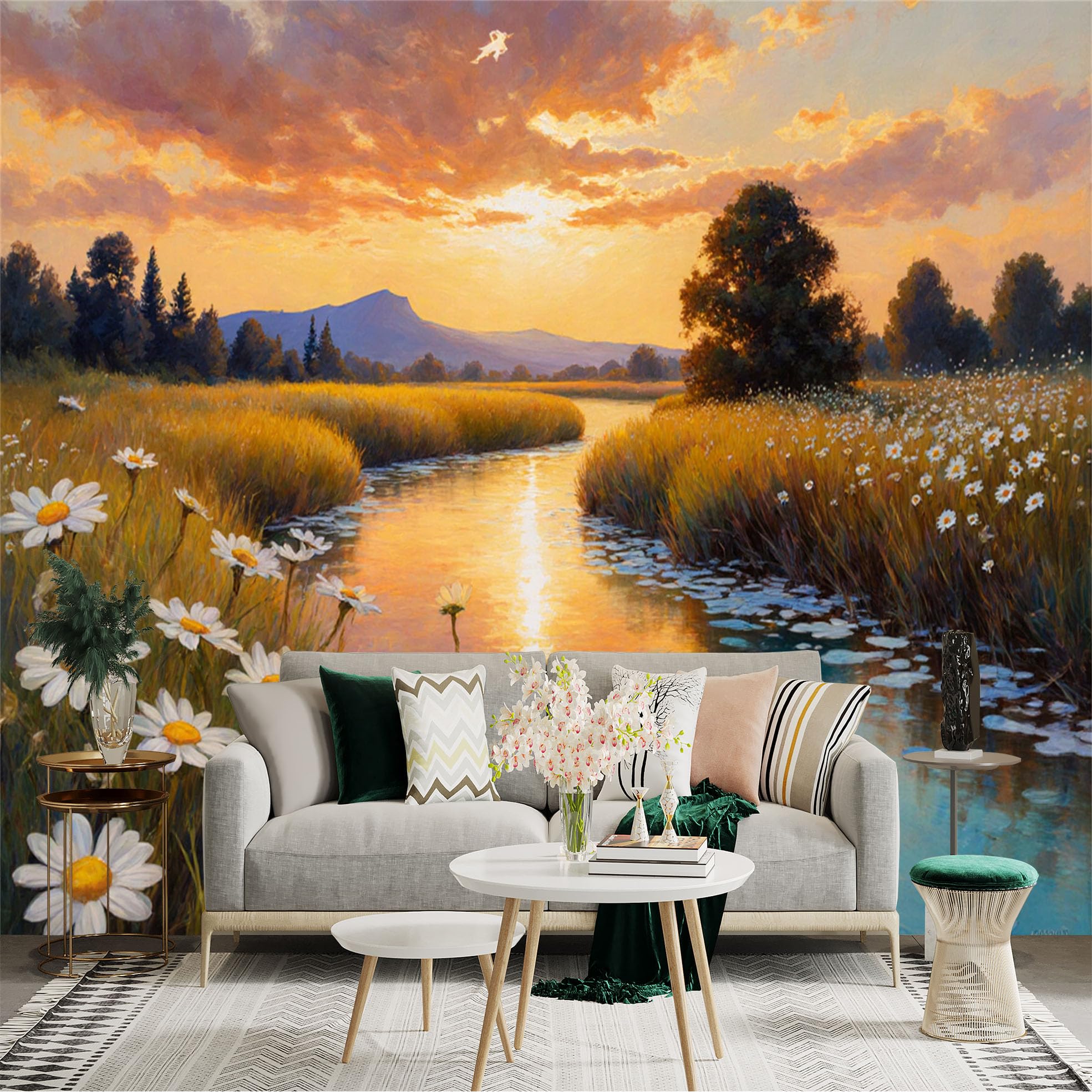 Custom Size Wall Sticker Mural， Sunset River with Daisies， Golden Meadow and Mountain View， for wall Decoration， peelandstick wall Decals.