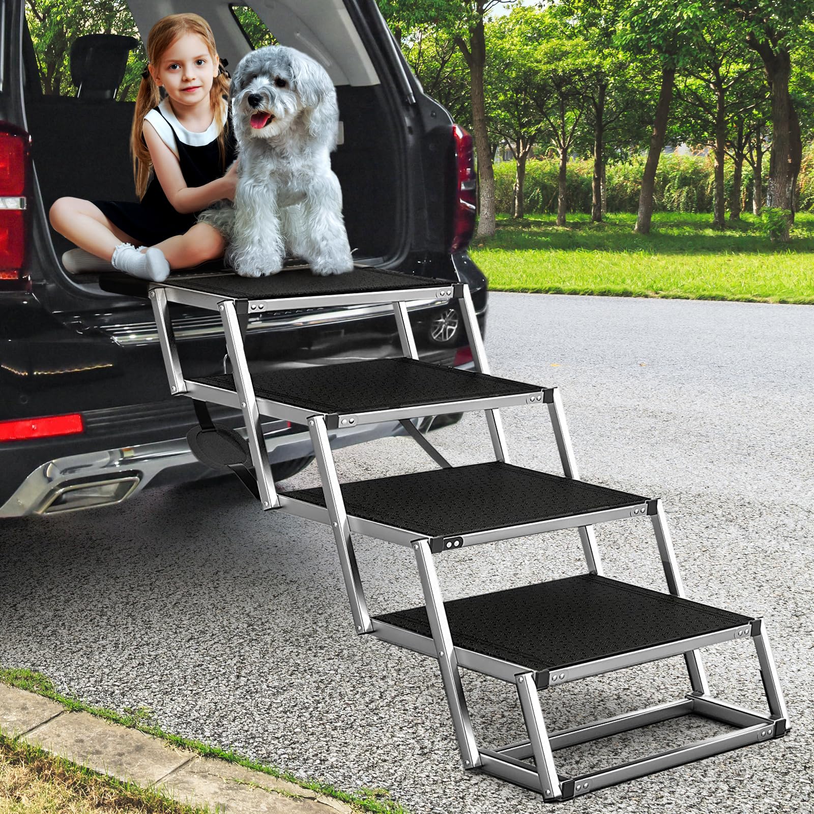 Extra Wide Dog Ramps for Cars,48.2cm Widen Dog Steps for Large Dogs with Non-Slip Surface,Portable Aluminum Folding Dog Stairs,Lightweight Pet Ramp for Cars SUV & Trucks, Supports up to 100KG