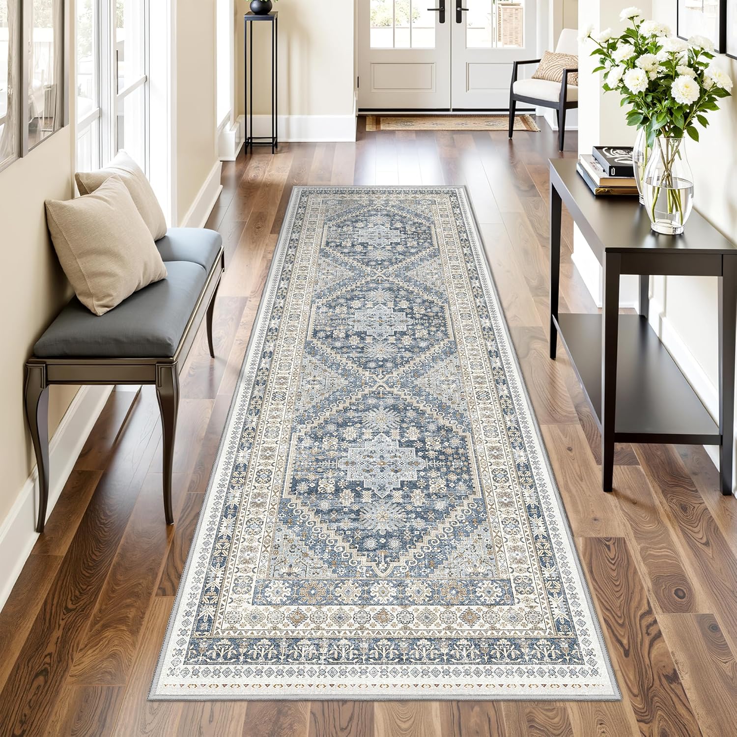 Kitchen Runner Rug Non Slip Washable 2.5x8, Soft Low Pile Entryway Rug Runners for Hallways,Carpet Runner for Living Room,Kitchen, Laundry, Bathroom(Blue/Beige,2.5'x8')