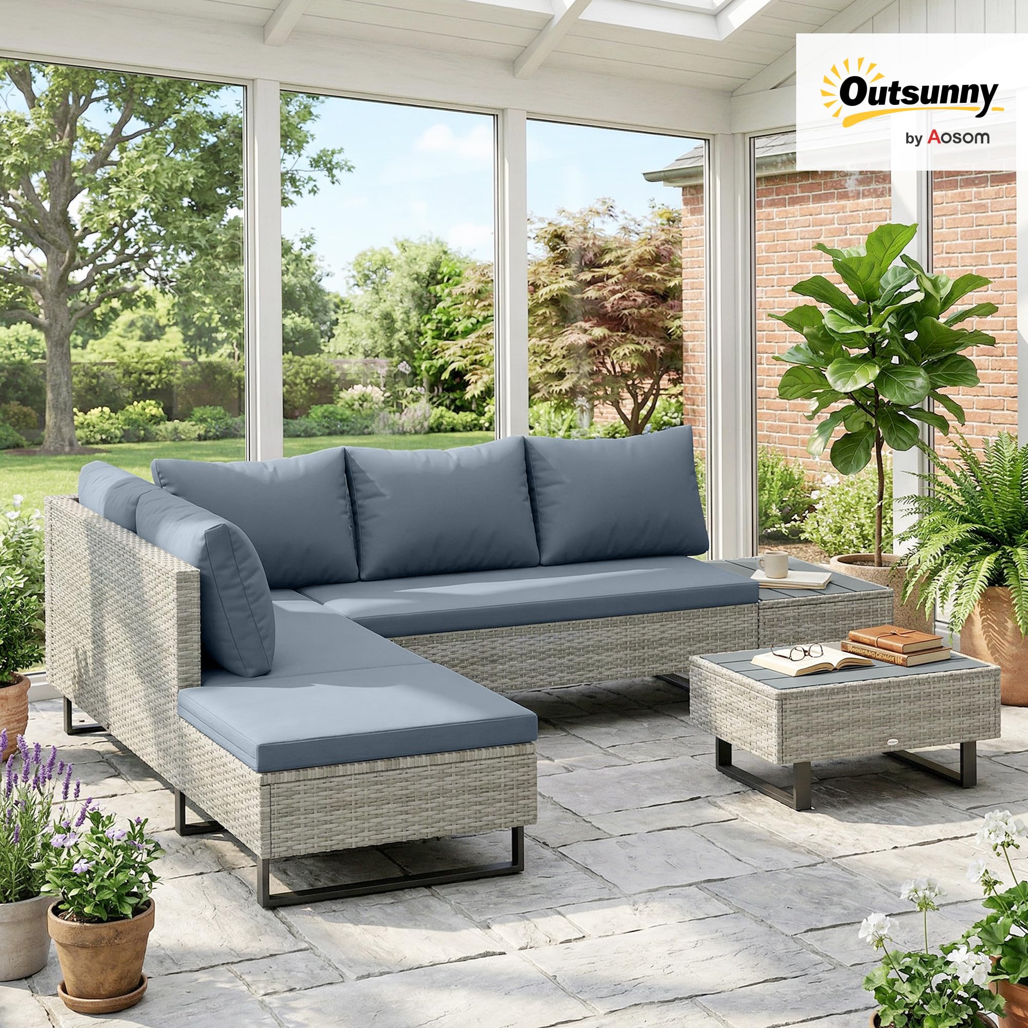 Outsunny Salon de Jardin d'angle 5 Places en Résine Tressée Canapé Extérieur Modulable avec Méridienne Ajustable Ensemble Mobilier de Terrasse avec Table Composite Gris