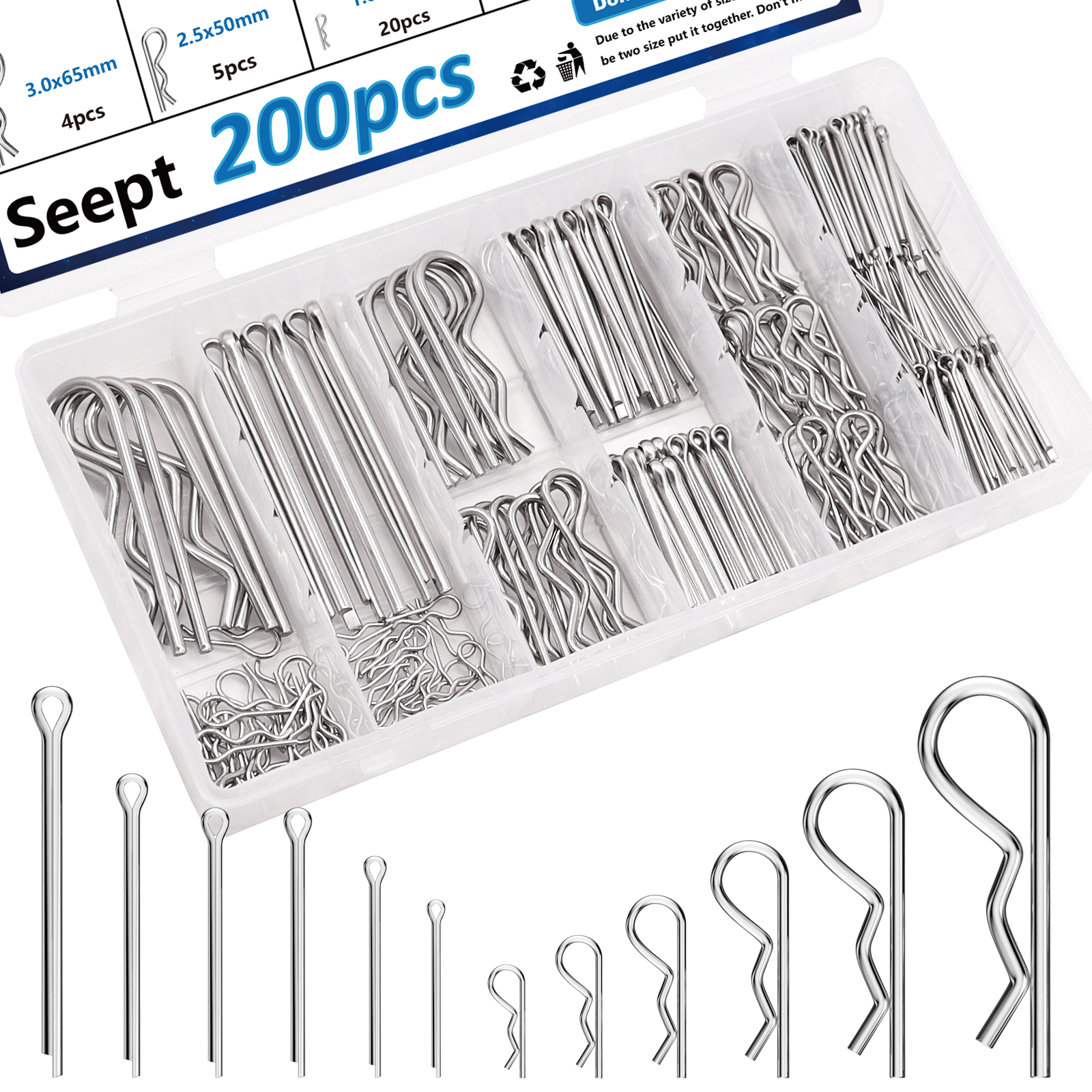 Image of 200Pcs 304 Stainless Steel Cotter Pins Assortment Kit - Hitch Pin Clips for Locking Systems | Ideal for Farm Tools, Tractor Implements, and Accessories
