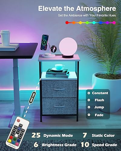 Miniatura 4 de Mesita de noche con estación de carga puertos USB A y C, mesita de noche LED con 2 cajones y estante de almacenamiento, soporte de cama mesa