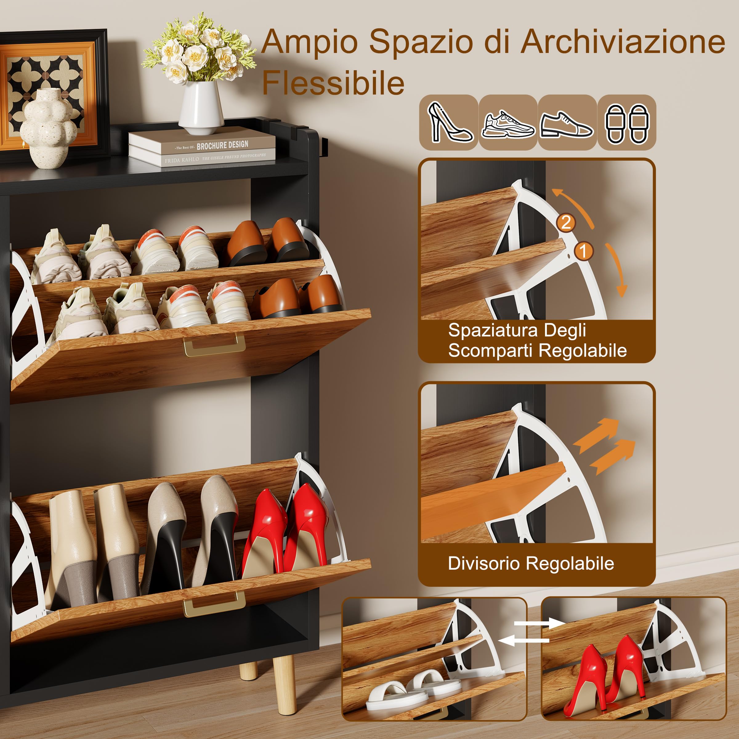 Scarpiera Salvaspazio Slim Con 3 Ante, Divisori Regolabili può Contenere Stivali, Scarpiera Ingresso Con Maniglie & 4 Gambe in Legno Massello Per Porta, Corridoio, Atrio (80x96x24cm, Nero)