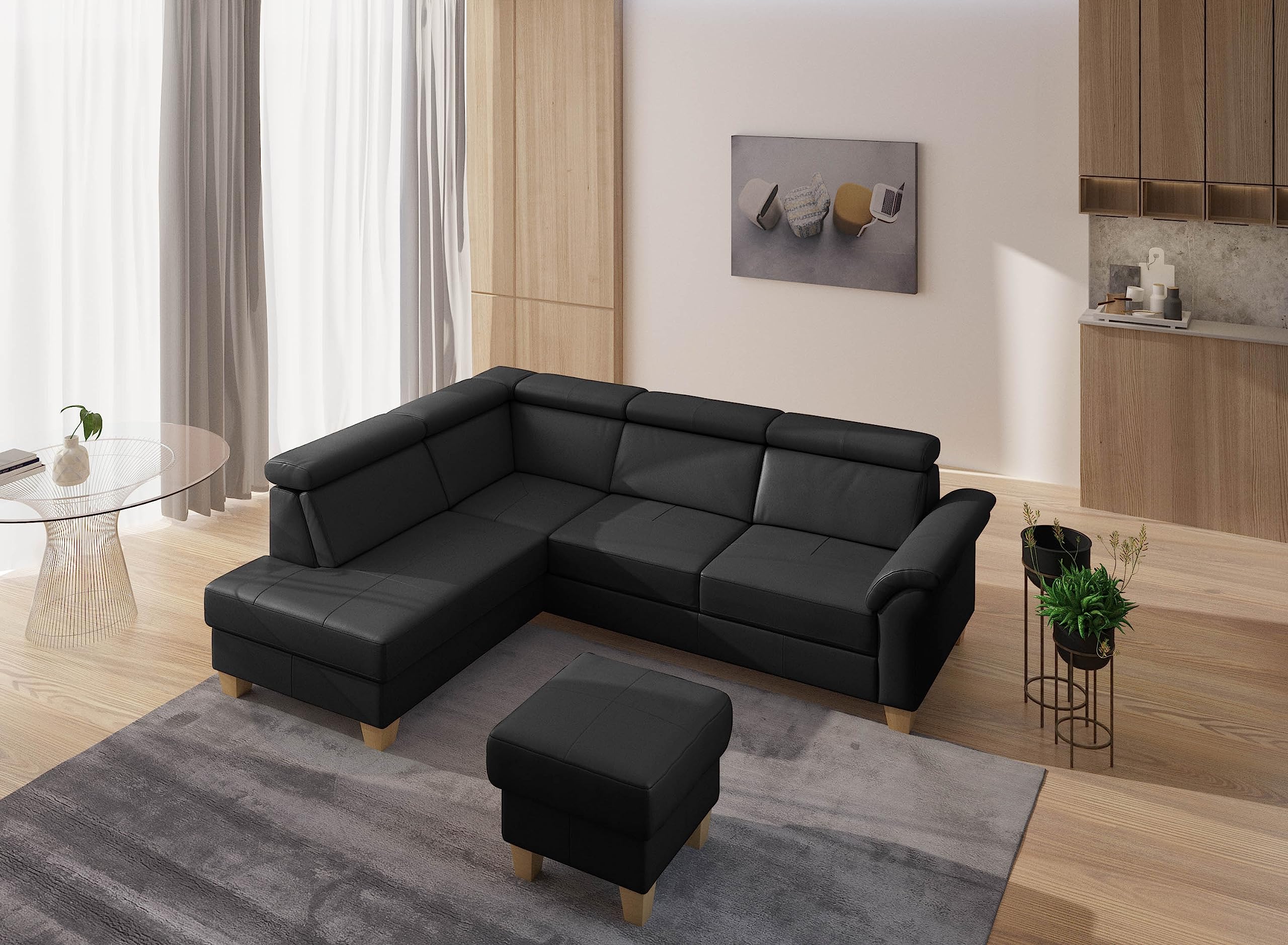 CAVADORE Leder-Eckcouch Ammerland mit Ottomane / Landhaus-Sofa mit Federkern + Kopfteilverstellung / 245 x 84 x 194 / Leder Schwarz