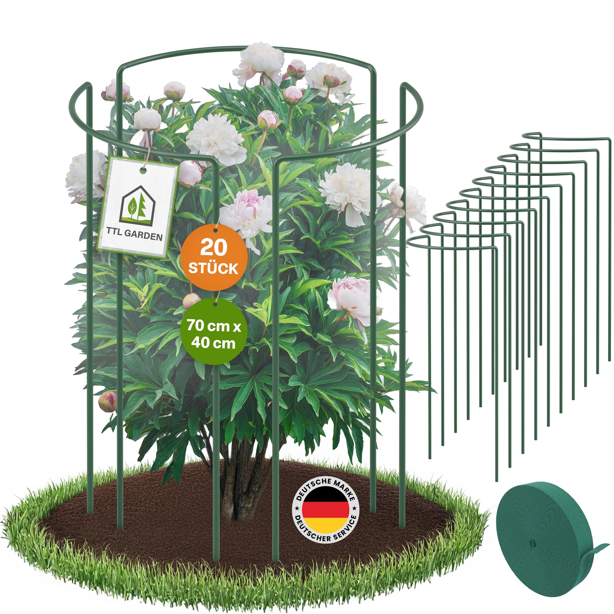 TTL GARDEN Juego de 20 soportes para arbustos de 70 cm x 40 cm + cinta de – Soporte para plantas