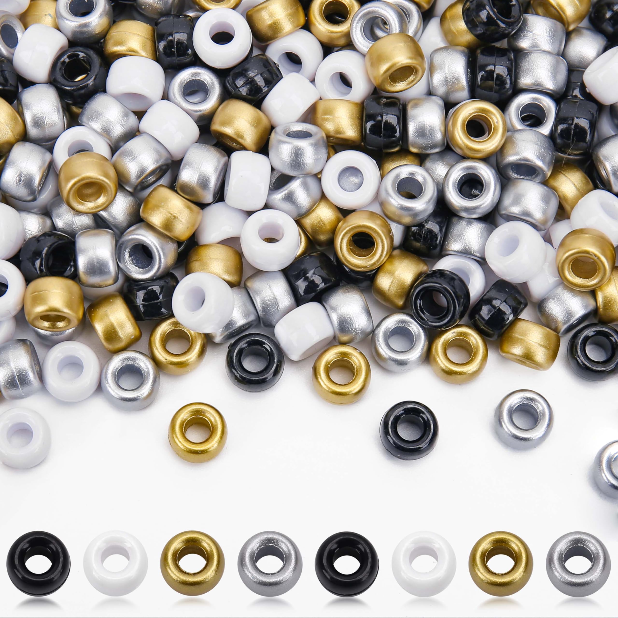 AUREHEN 1000PCs 6x9mm Pony Beads Bulk, Assorted Gold Silver Colors Plastic Kandi Craft Beads for Jewelry Making Friendship Bracelets Hair Braiding