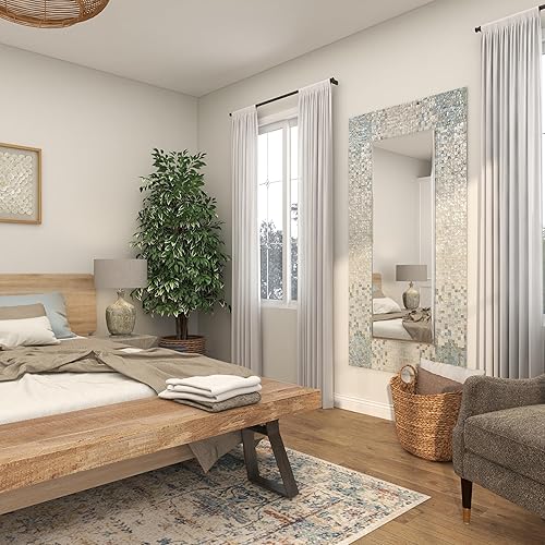 Miniatura 8 de Deco 79 Espejo de pared hecho a mano con concha de nácar para habitación, espejo de entrada con esquinas azules, espejo montado en la pared, 36 x 1