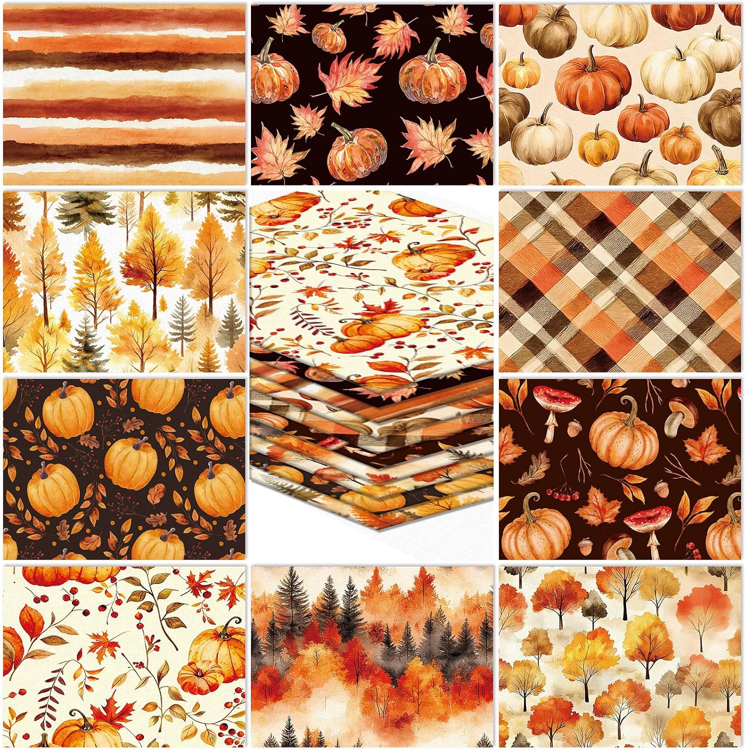 Whaline 10Pcs Fall Cotton Fabric Bundles Pumpkin Maple Leaves Fat Quarters Orange Brown Autumn Forest Sewing Fabrics for Harvest Party Thanksgiving DIY Craft Home Decor, 18 x 22 Inch